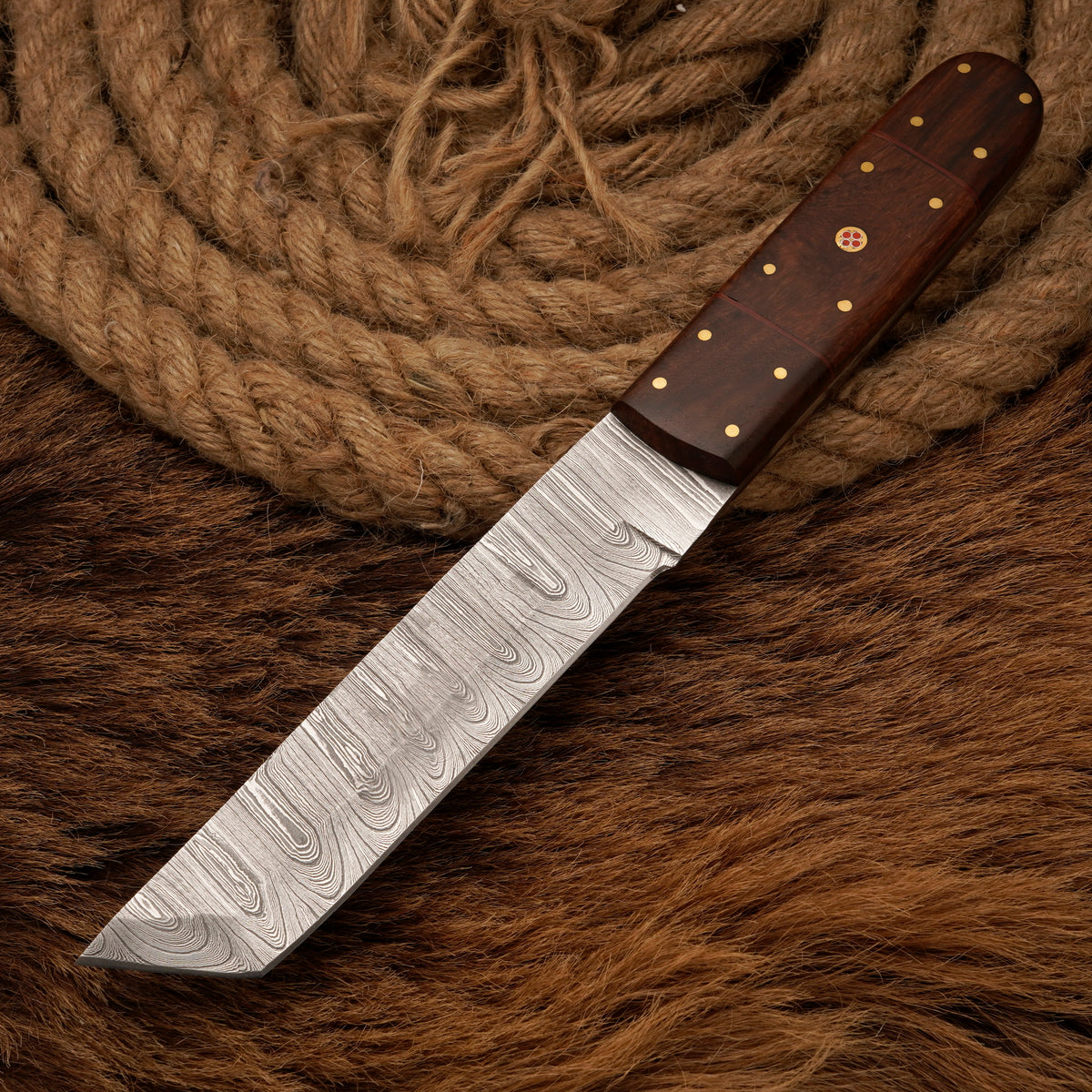 Handmade Damascus Steel Tanto Knife – Rosewood Handle, 12-Inch