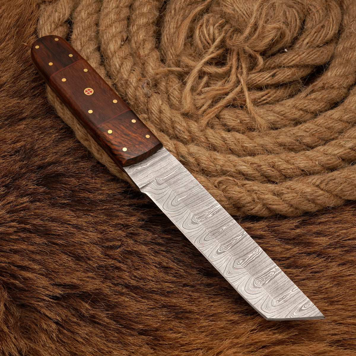 Handmade Damascus Steel Tanto Knife – Rosewood Handle, 12-Inch