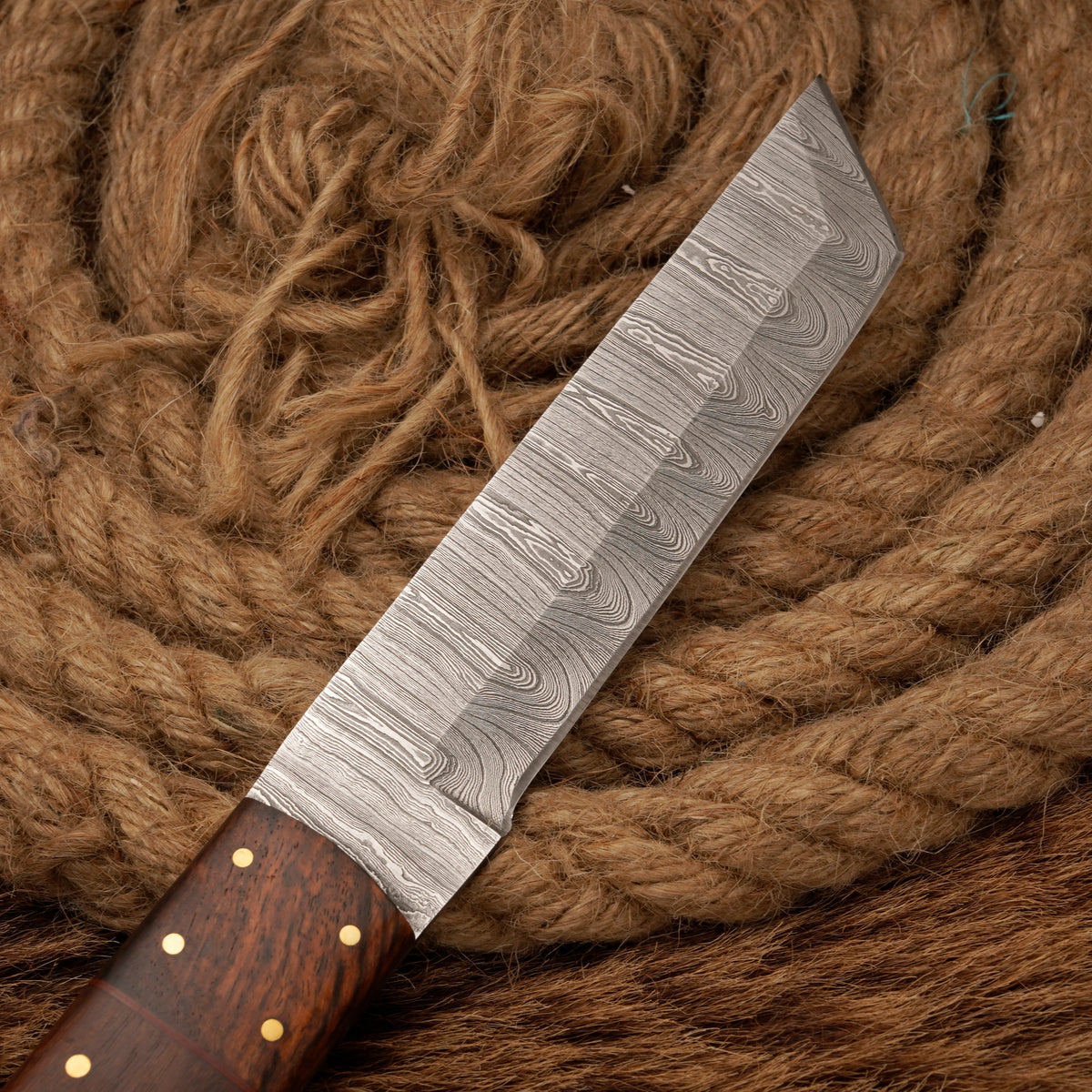 Handmade Damascus Steel Tanto Knife – Rosewood Handle, 12-Inch