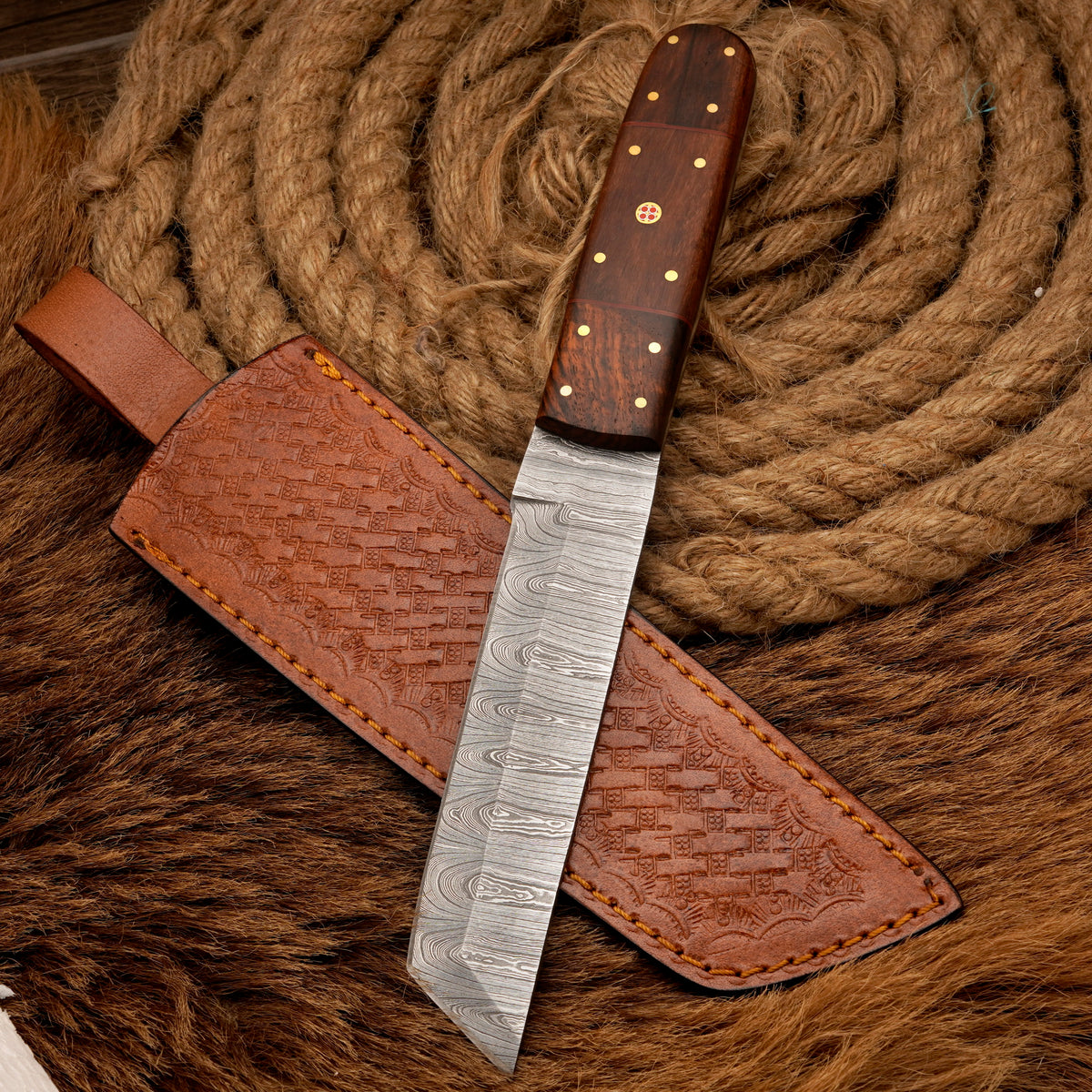 Handmade Damascus Steel Tanto Knife – Rosewood Handle, 12-Inch