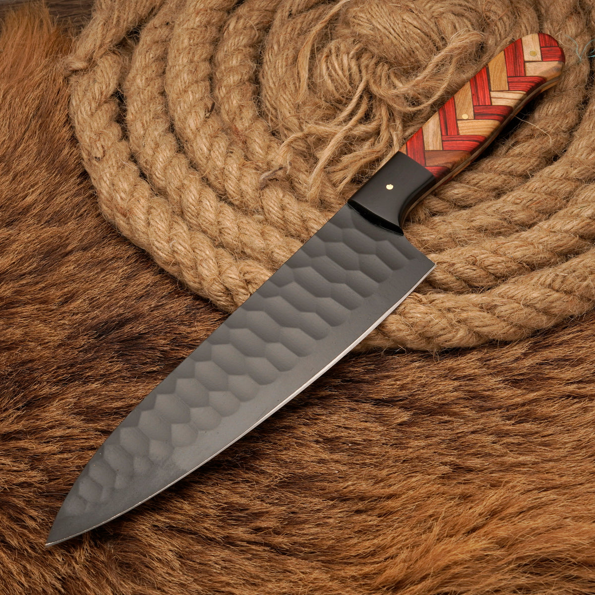 Handmade Carbon Steel Powder-Coated Chef Knife – Olive Wood & Rosewood Handle, 13-Inch