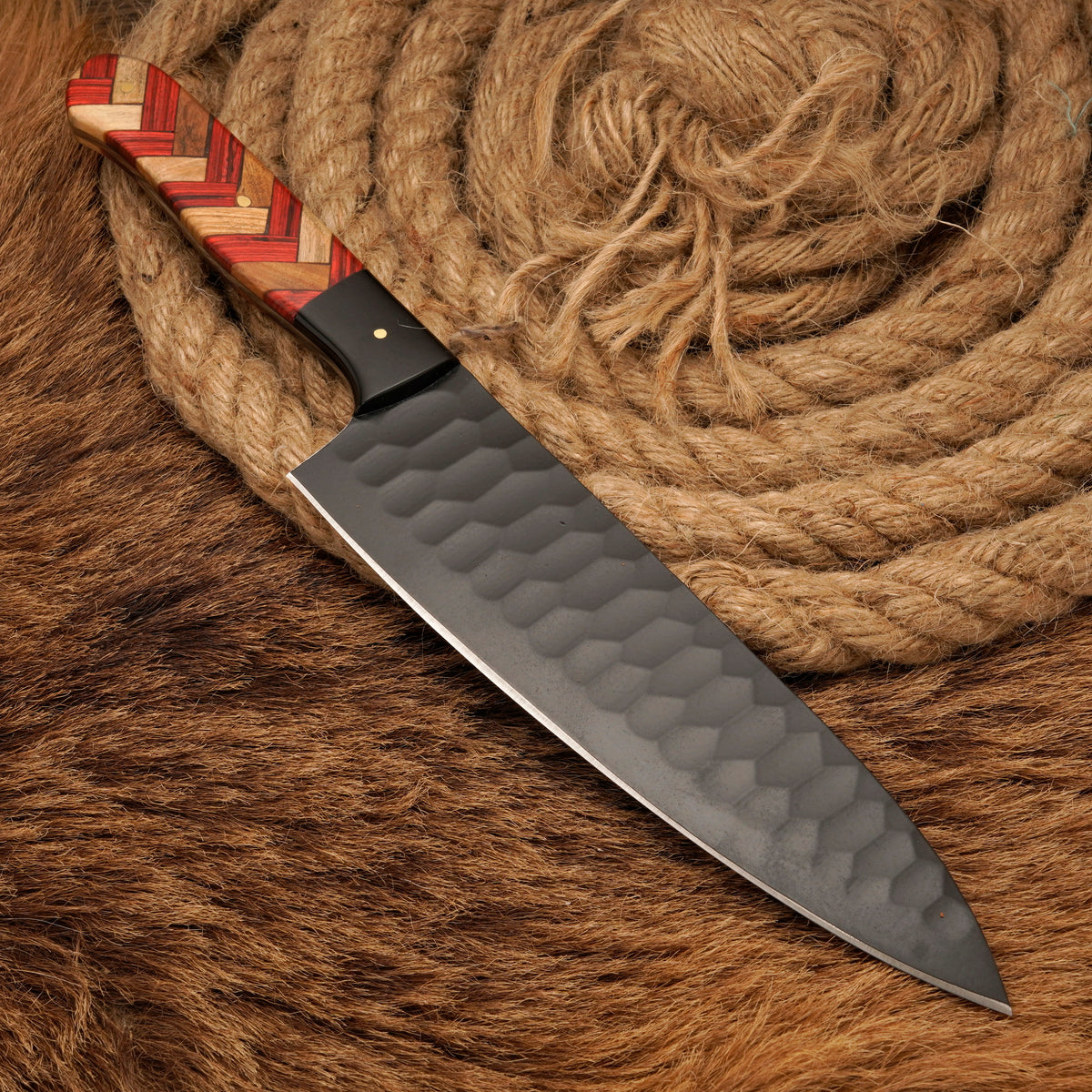 Handmade Carbon Steel Powder-Coated Chef Knife – Olive Wood & Rosewood Handle, 13-Inch