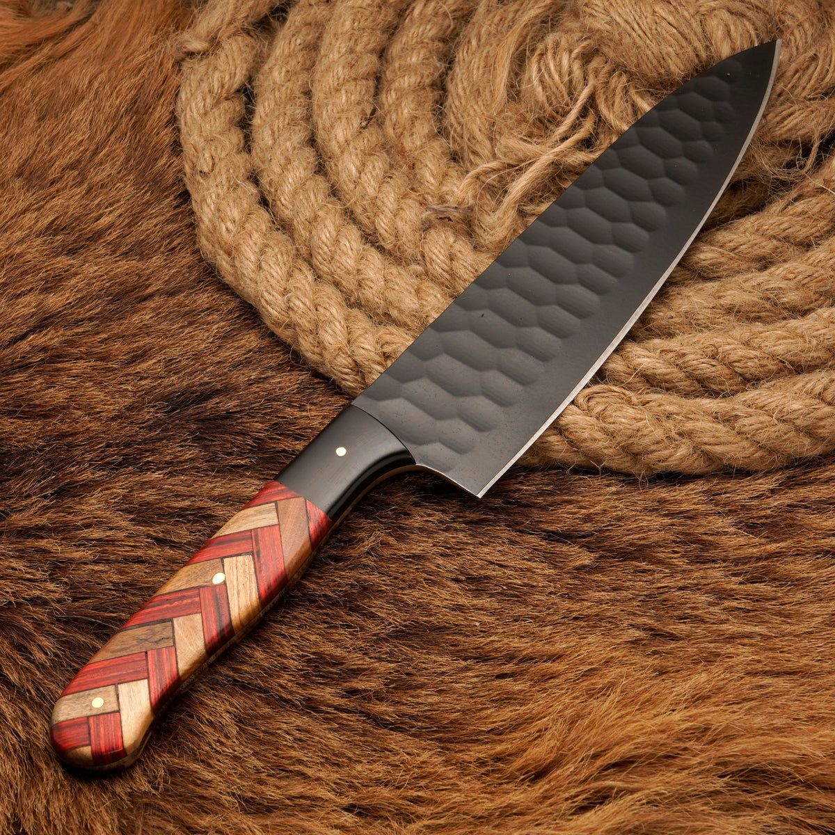 Handmade Carbon Steel Powder-Coated Chef Knife – Olive Wood & Rosewood Handle, 13-Inch