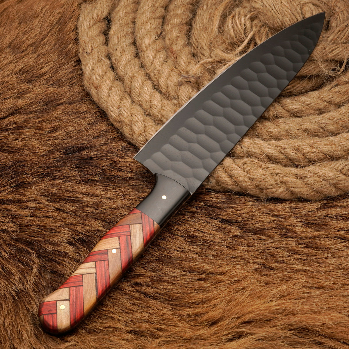 Handmade Carbon Steel Powder-Coated Chef Knife – Olive Wood & Rosewood Handle, 13-Inch