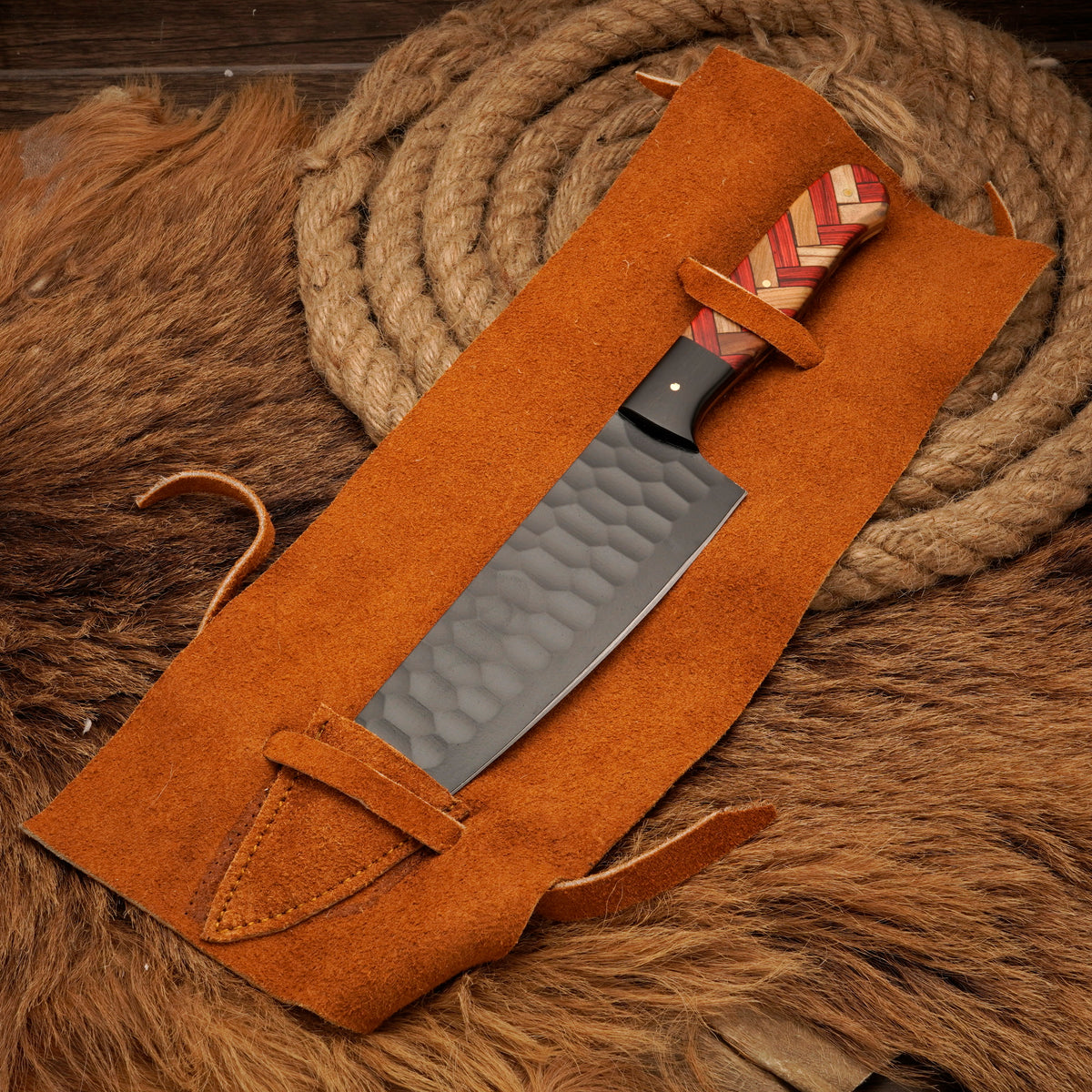 Handmade Carbon Steel Powder-Coated Chef Knife – Olive Wood & Rosewood Handle, 13-Inch