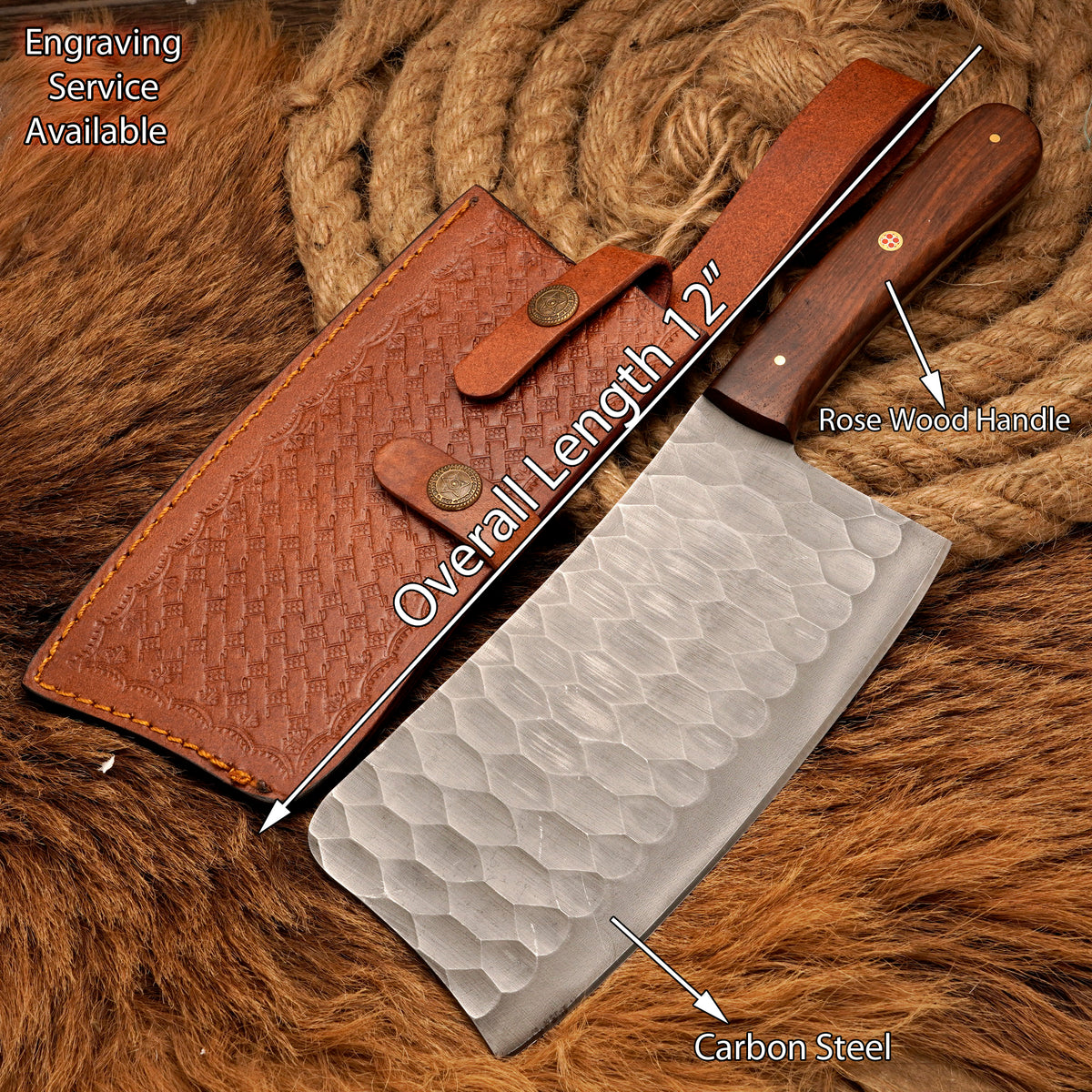 Handmade Carbon Steel Cleaver Knife – Rosewood Handle, 12-Inch