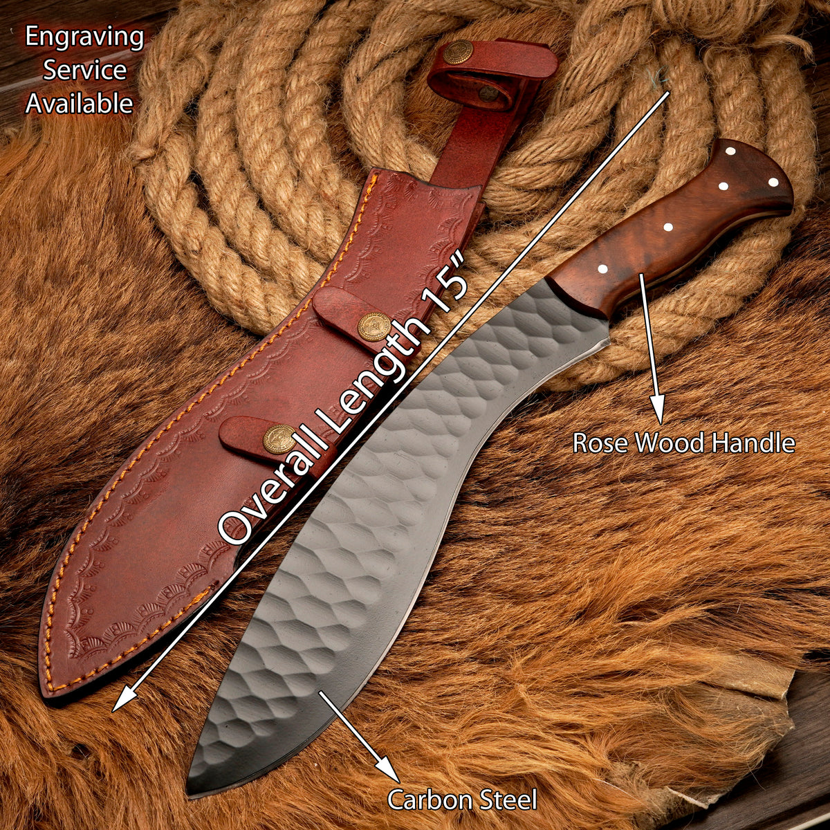 Handmade Carbon Steel Powder-Coated Curved Blade Knife – 16" Rosewood Handle