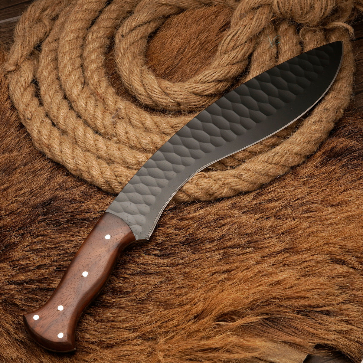 Handmade Carbon Steel Powder-Coated Curved Blade Knife – 16" Rosewood Handle