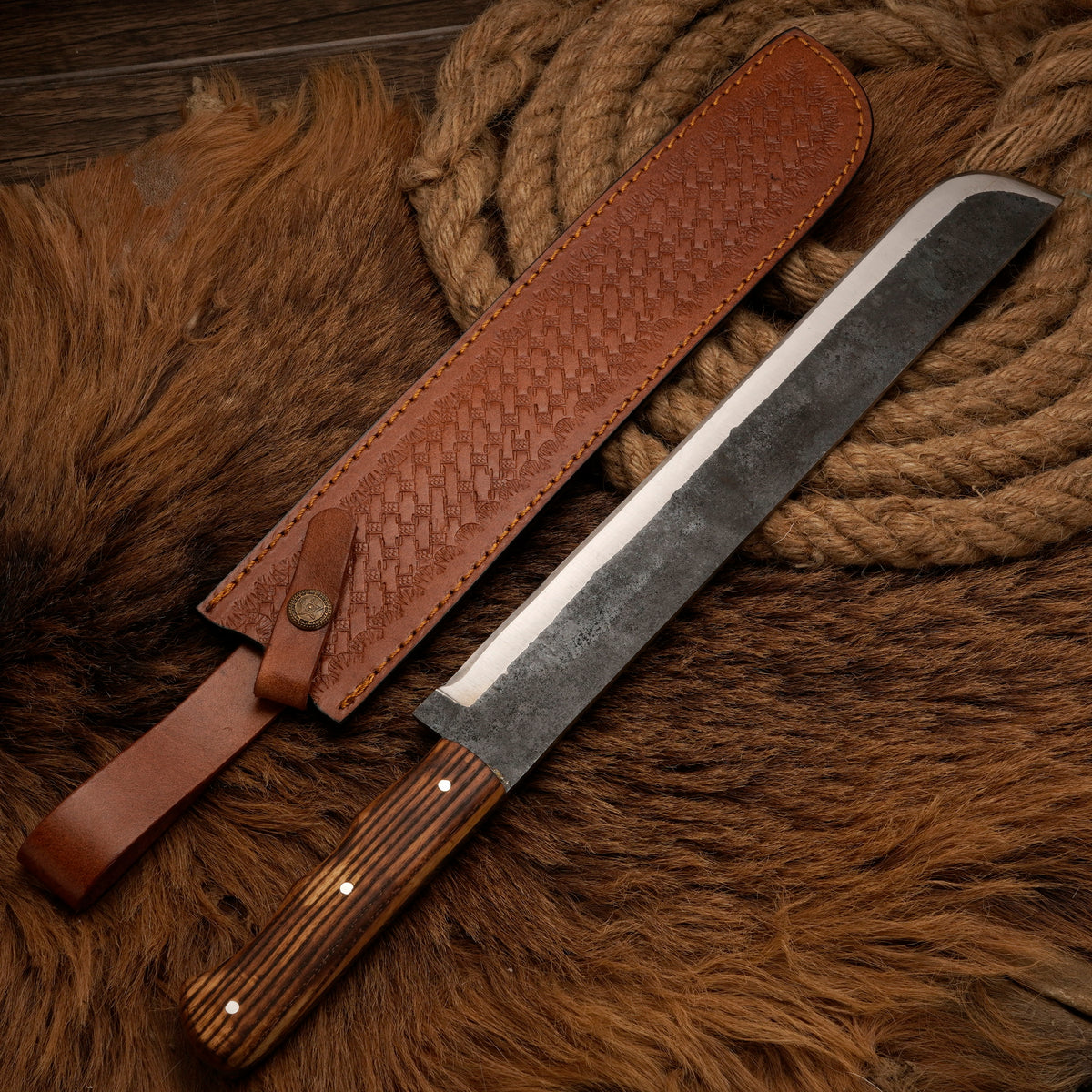 Handmade Carbon Steel Brisket Slicing Knife – Burnt Olive Wood Handle