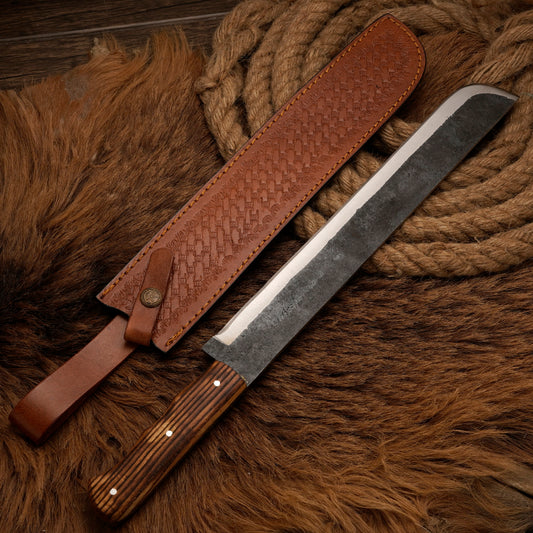 Handmade Carbon Steel Brisket Slicing Knife – Burnt Olive Wood Handle