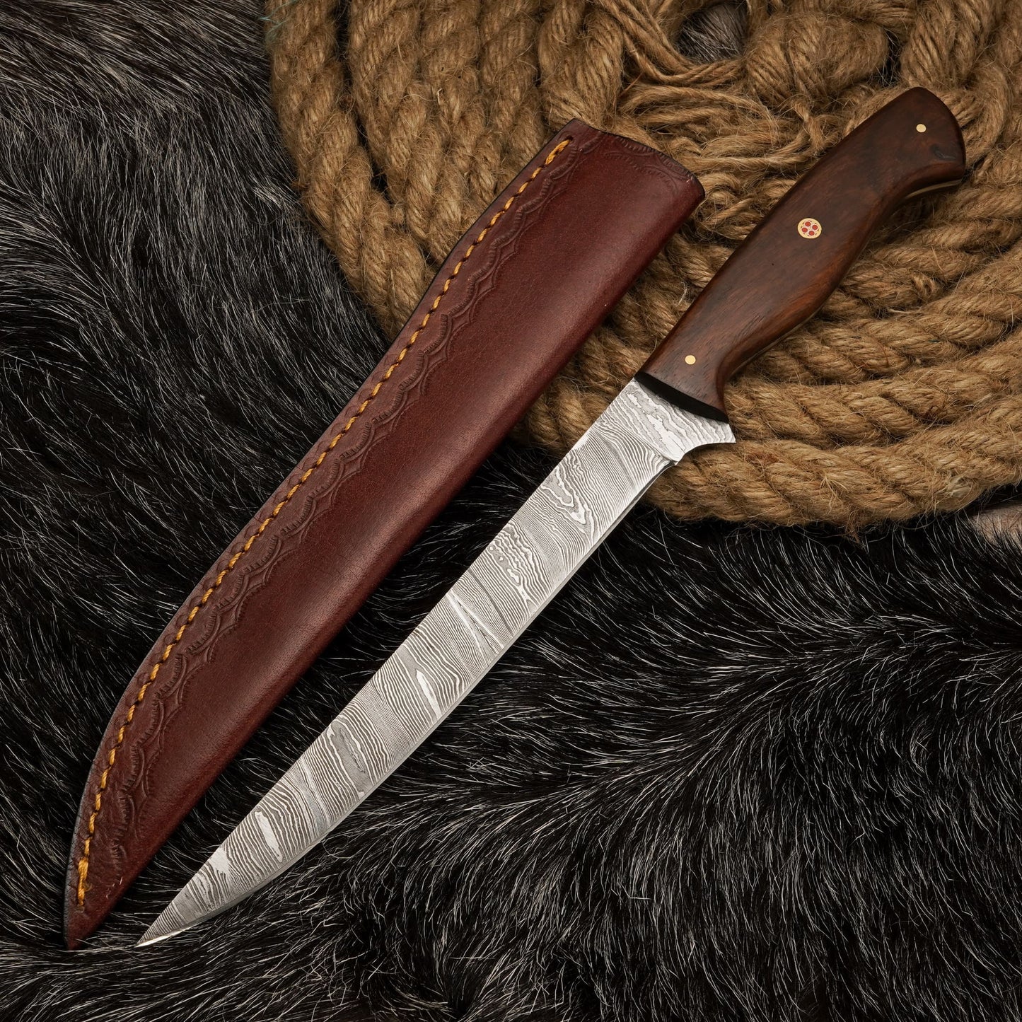 Handmade Damascus Steel Fillet Knife – 12" with Rose Wood Handle & Leather Sheath -11