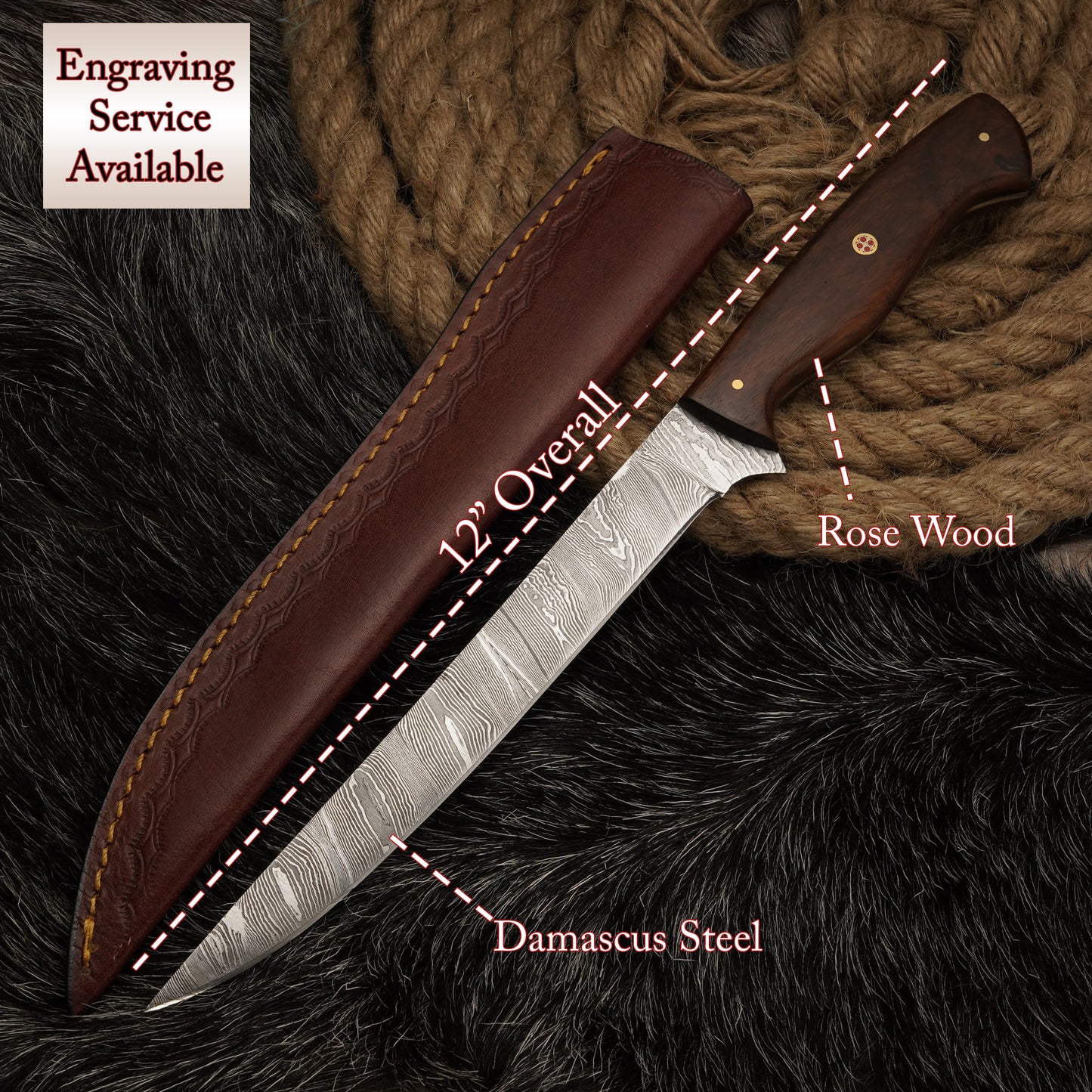 Handmade Damascus Steel Fillet Knife – 12" with Rose Wood Handle & Leather Sheath -11