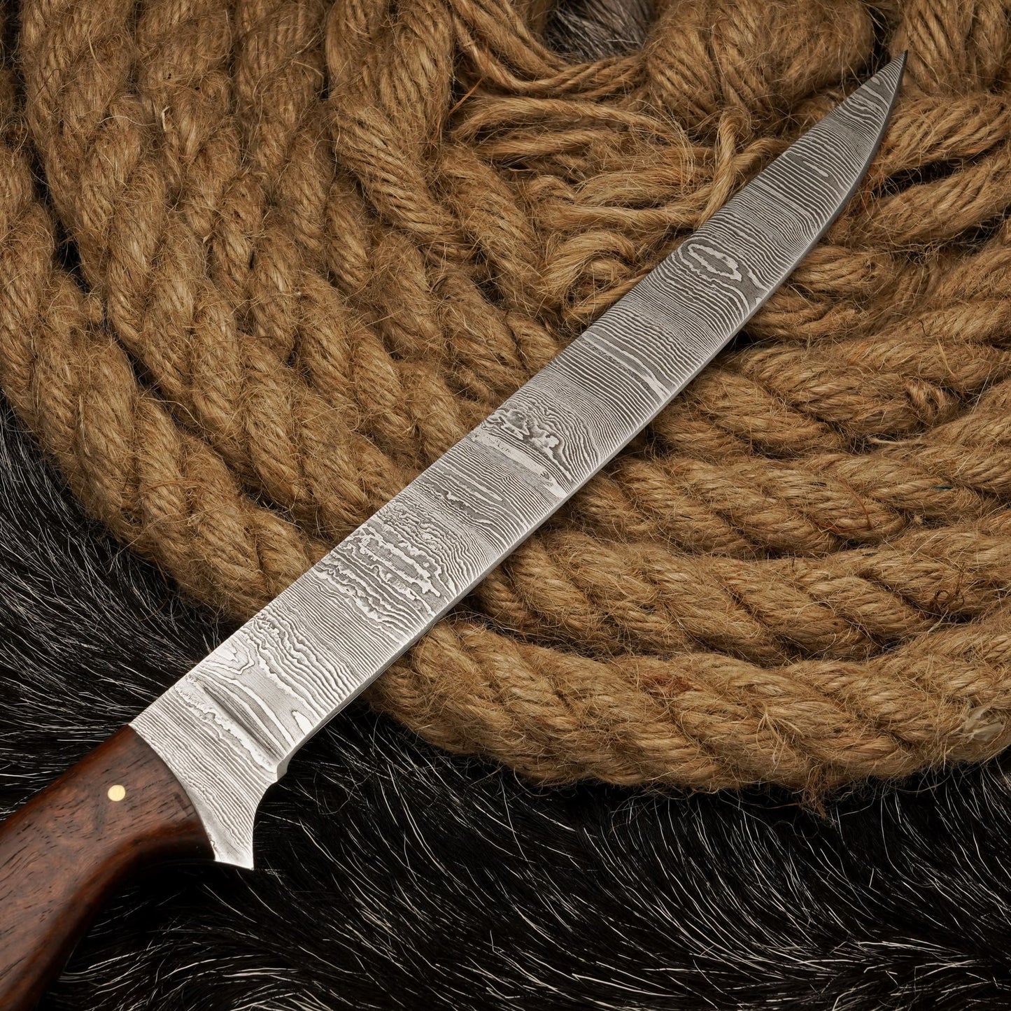 Handmade Damascus Steel Fillet Knife – 12" with Rose Wood Handle & Leather Sheath -11