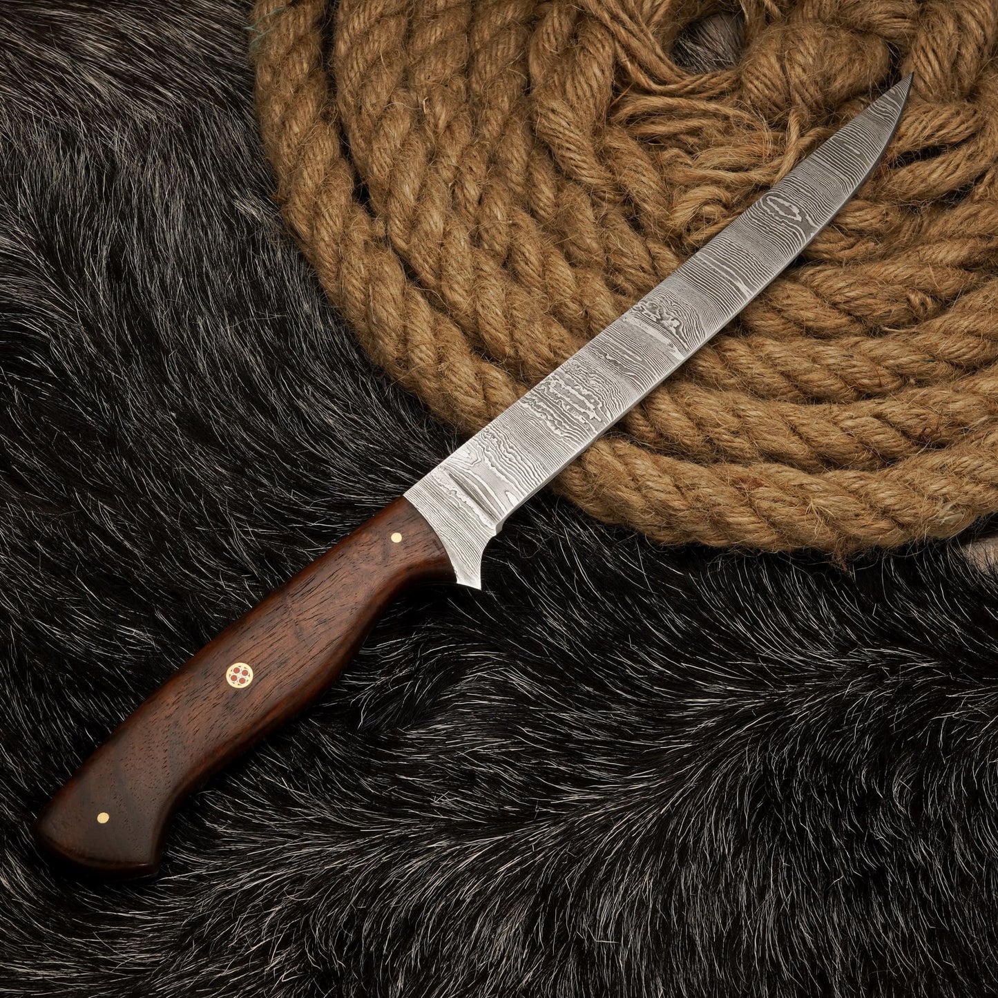 Handmade Damascus Steel Fillet Knife – 12" with Rose Wood Handle & Leather Sheath -11