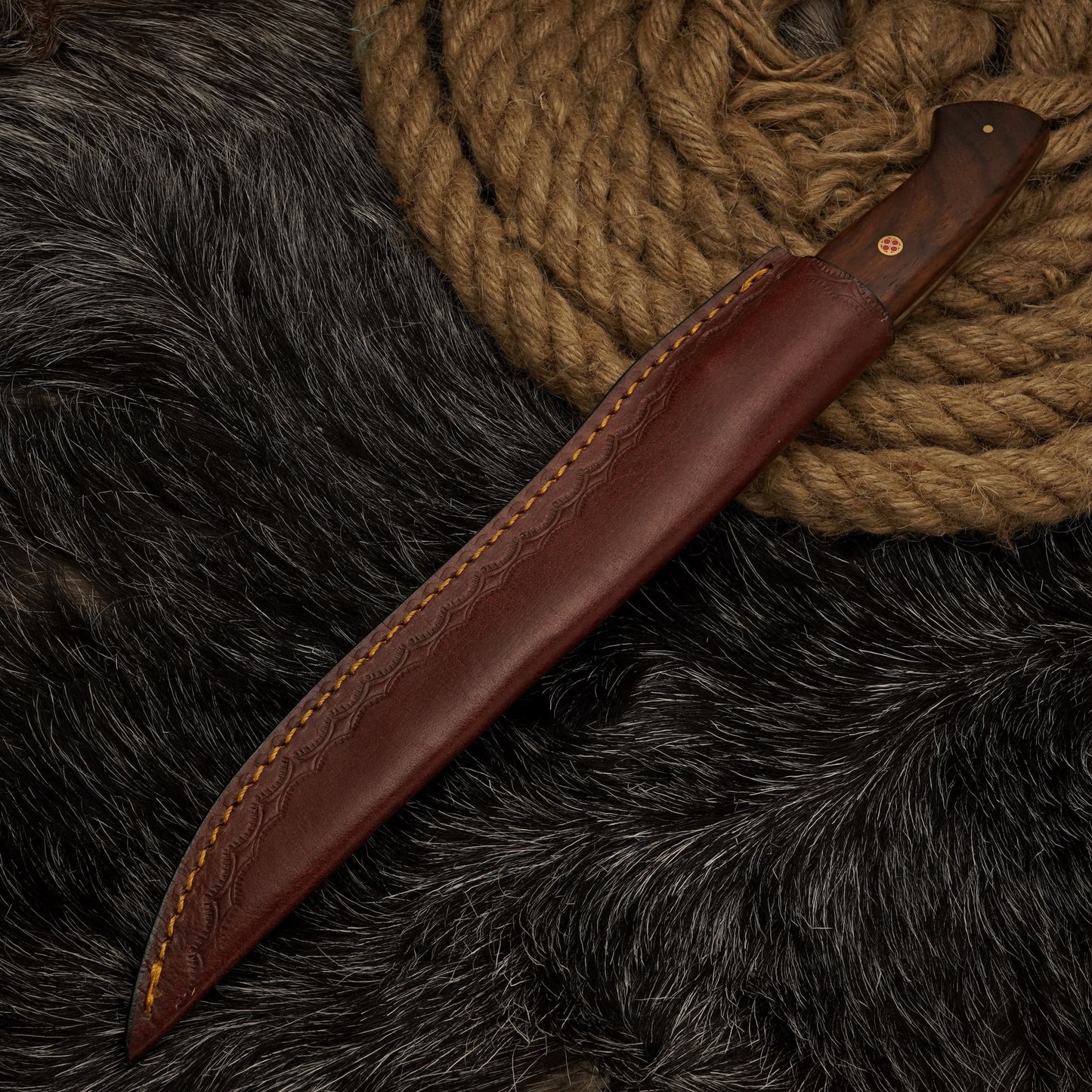 Handmade Damascus Steel Fillet Knife – 12" with Rose Wood Handle & Leather Sheath -11