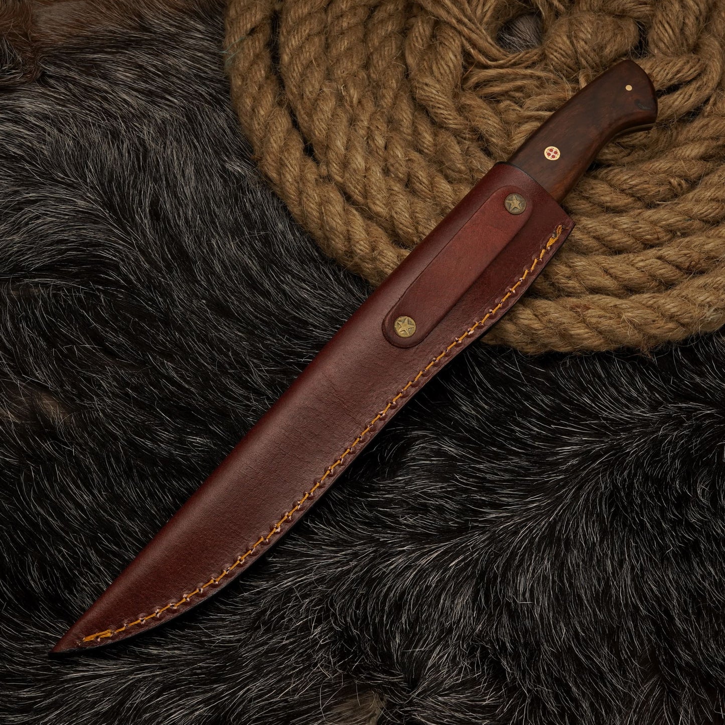 Handmade Damascus Steel Fillet Knife – 12" with Rose Wood Handle & Leather Sheath -11