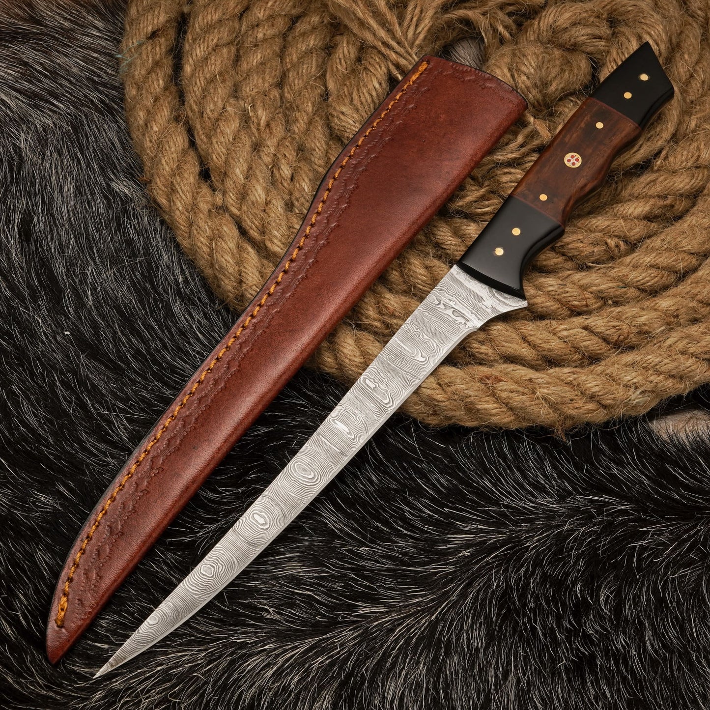 Handmade Damascus Steel Fillet Knife – 12" with Black Horn & Rose Wood Handle & Leather Sheath -13