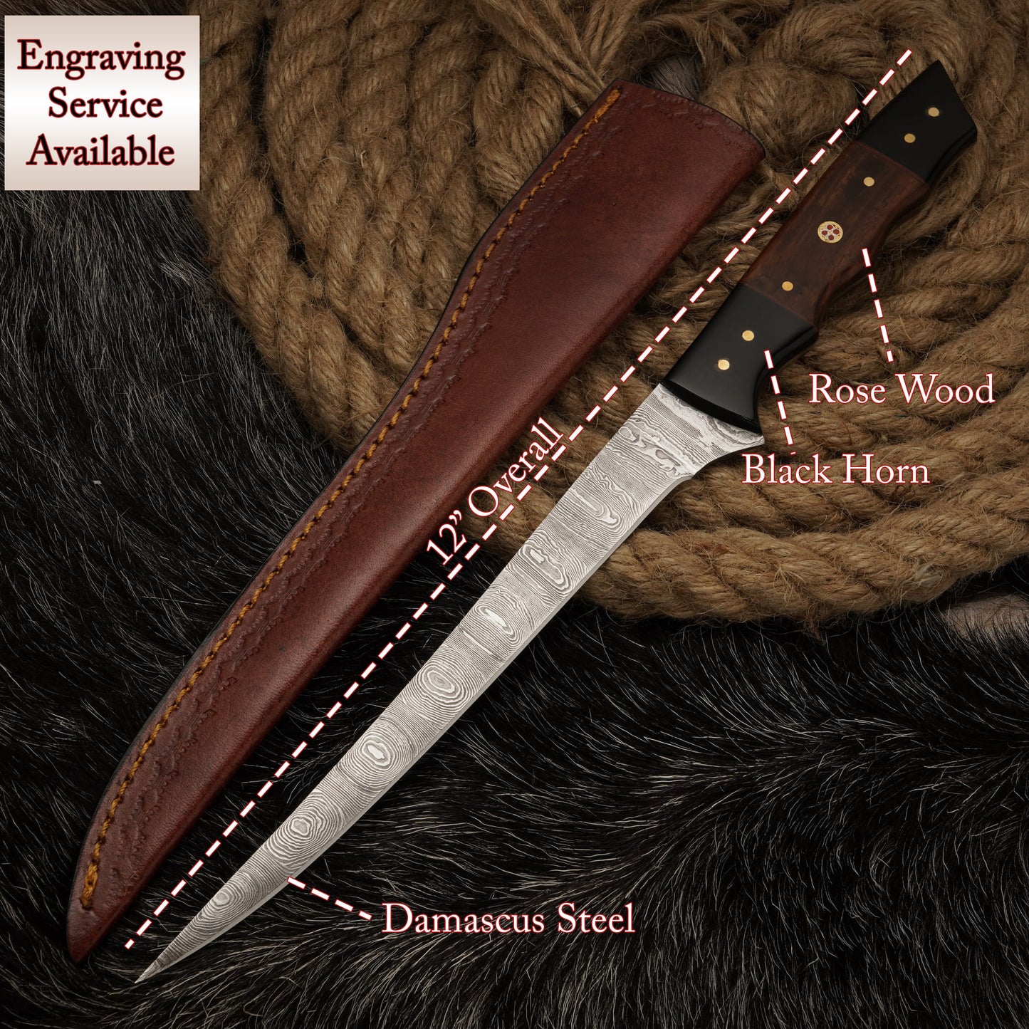 Handmade Damascus Steel Fillet Knife – 12" with Black Horn & Rose Wood Handle & Leather Sheath -13