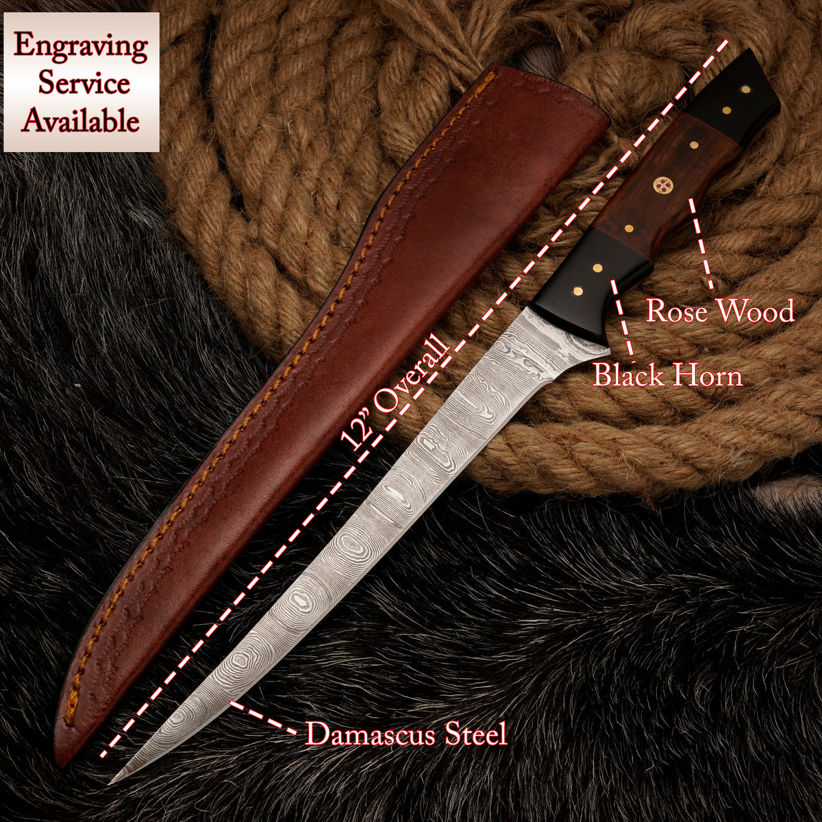 FISHING/FILLET KNIFE Handmade Damascus Steel Flexible Blade Knife Personalized Anniversary Gift Christmas Gift for Boyfriend Fixed Blade