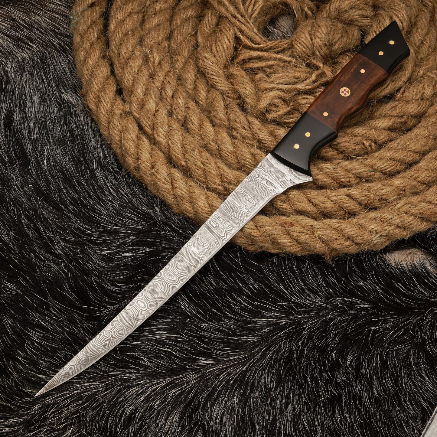 Handmade Damascus Steel Fillet Knife – 12" with Black Horn & Rose Wood Handle & Leather Sheath -13