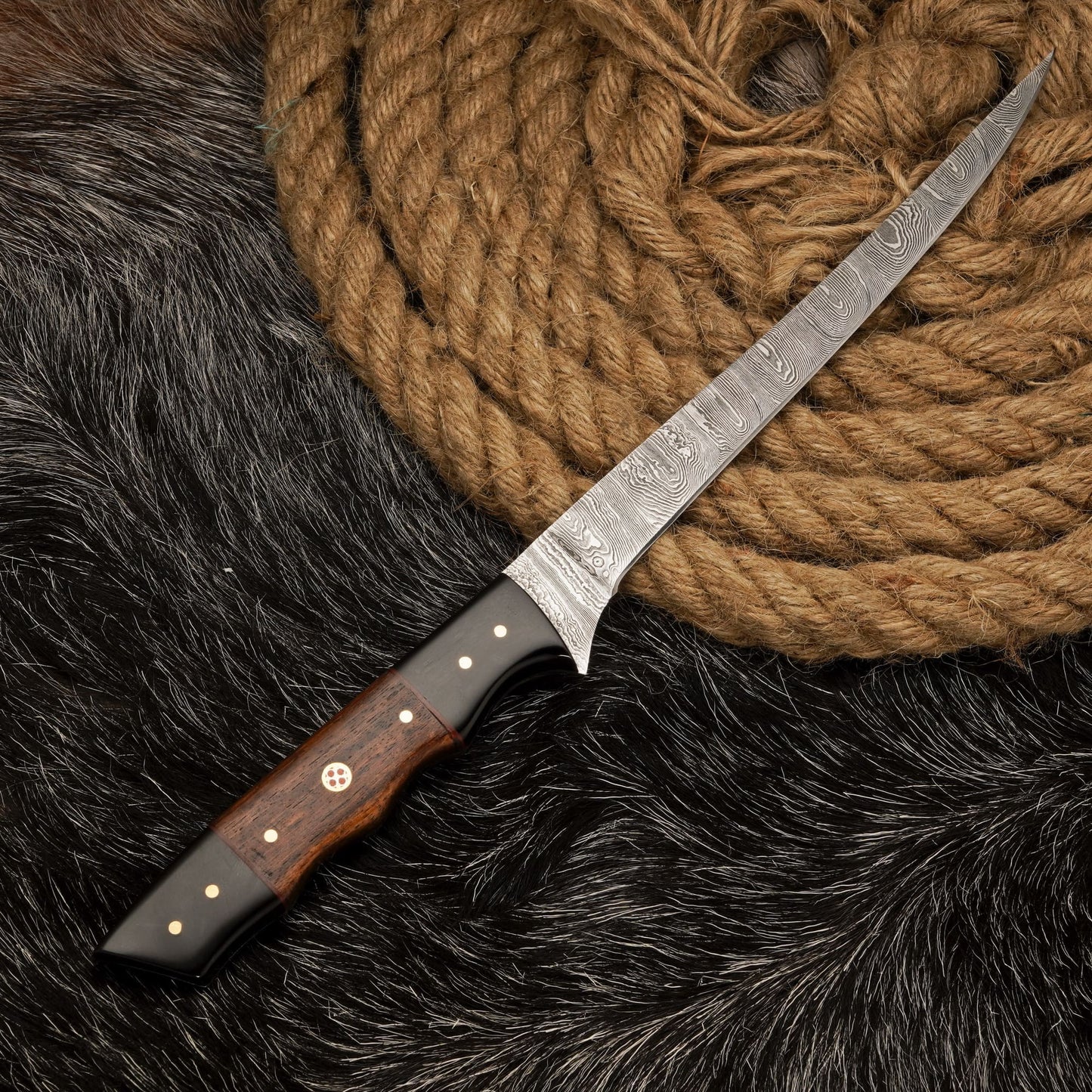Handmade Damascus Steel Fillet Knife – 12" with Black Horn & Rose Wood Handle & Leather Sheath -13