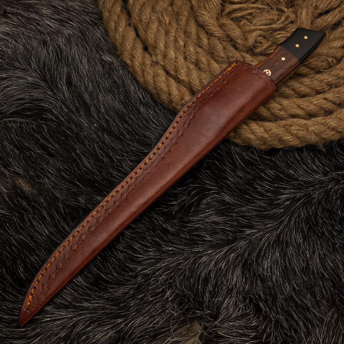 Handmade Damascus Steel Fillet Knife – 12" with Black Horn & Rose Wood Handle & Leather Sheath -13