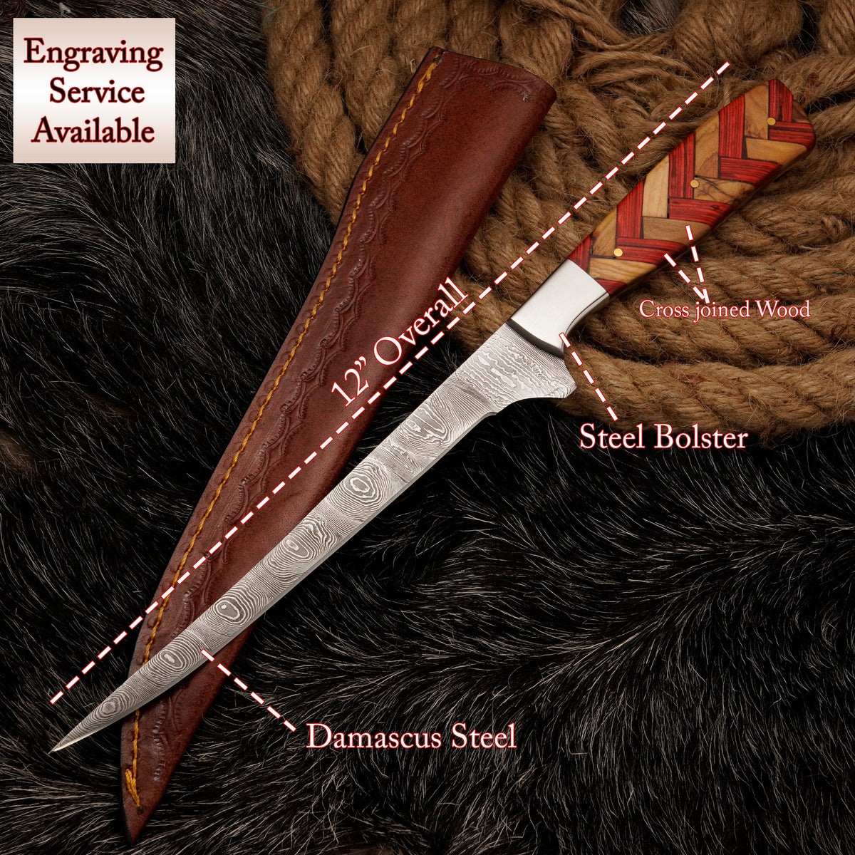 FISHING/FILLET KNIFE Handmade Damascus Steel Flexible Blade Knife Personalized Anniversary Gift Christmas Gift for Boyfriend Fixed Blade