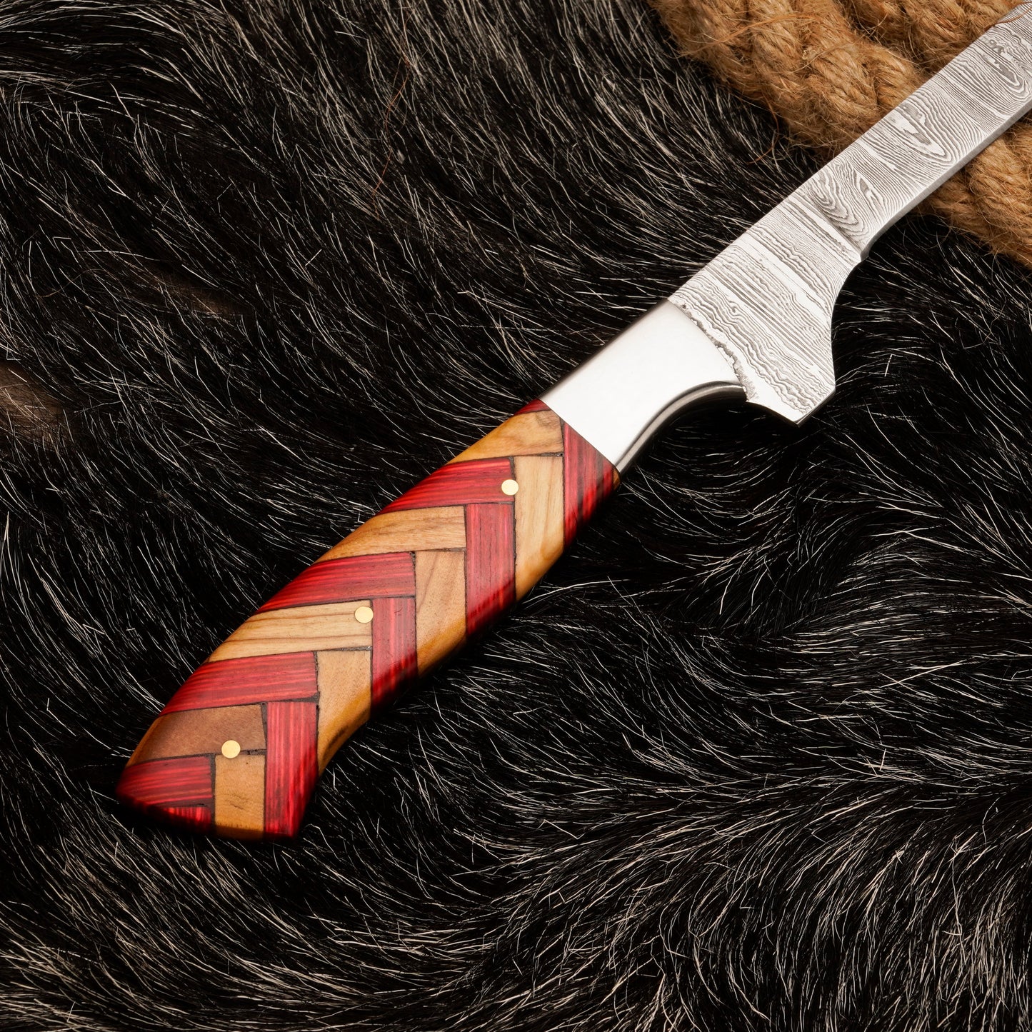 Handmade Damascus Steel Fillet Knife – 12" with Cross Joined Wood Handle & Leather Sheath -20