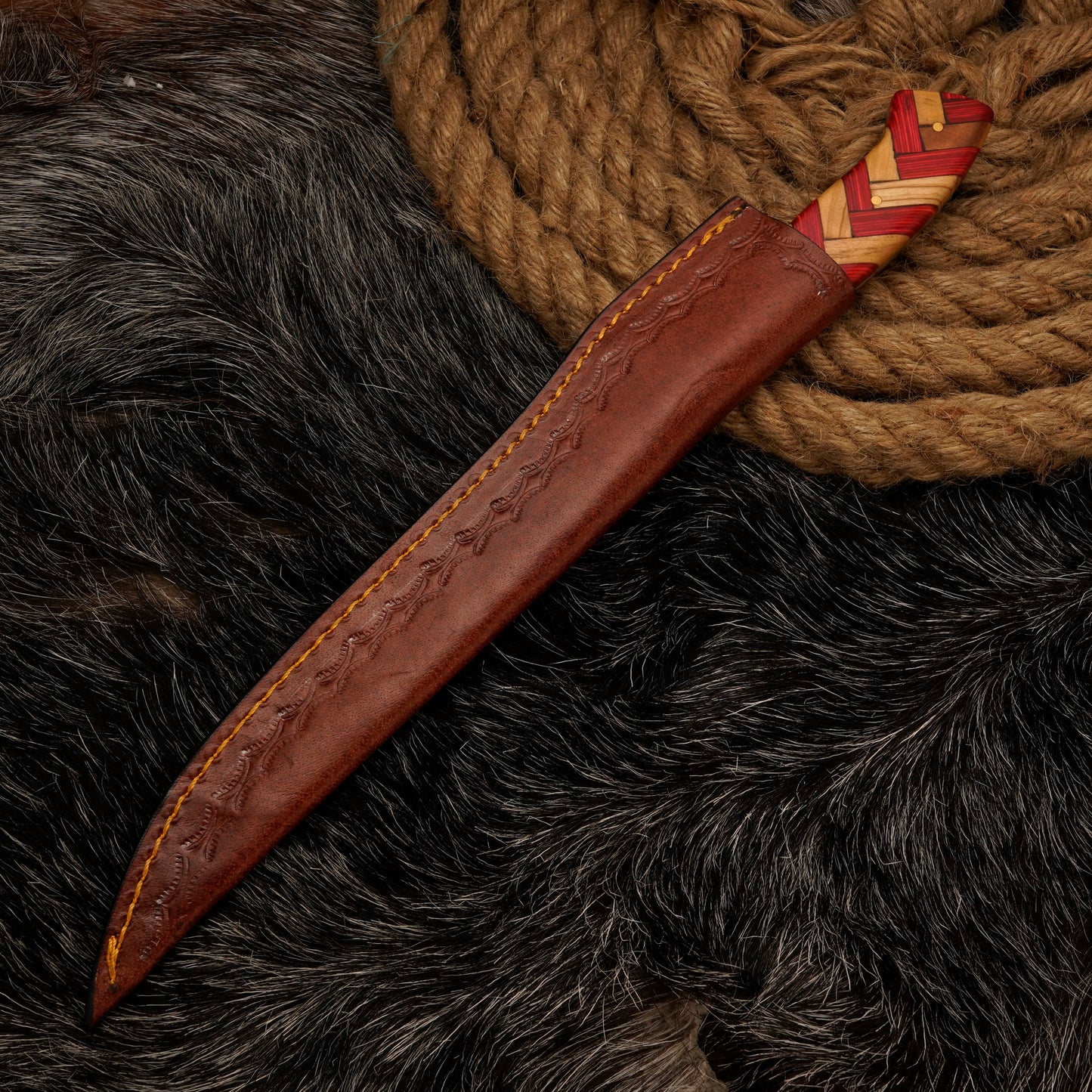 Handmade Damascus Steel Fillet Knife – 12" with Cross Joined Wood Handle & Leather Sheath -20