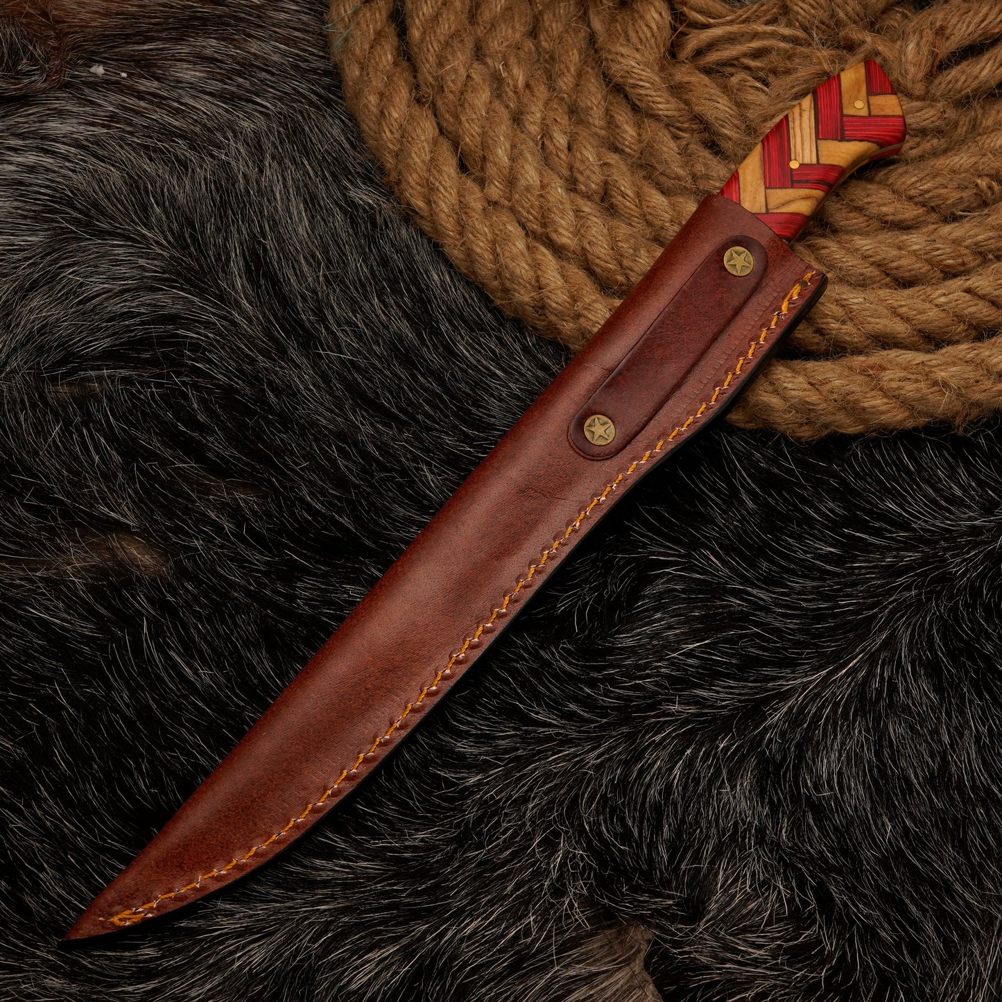 Handmade Damascus Steel Fillet Knife – 12" with Cross Joined Wood Handle & Leather Sheath -20