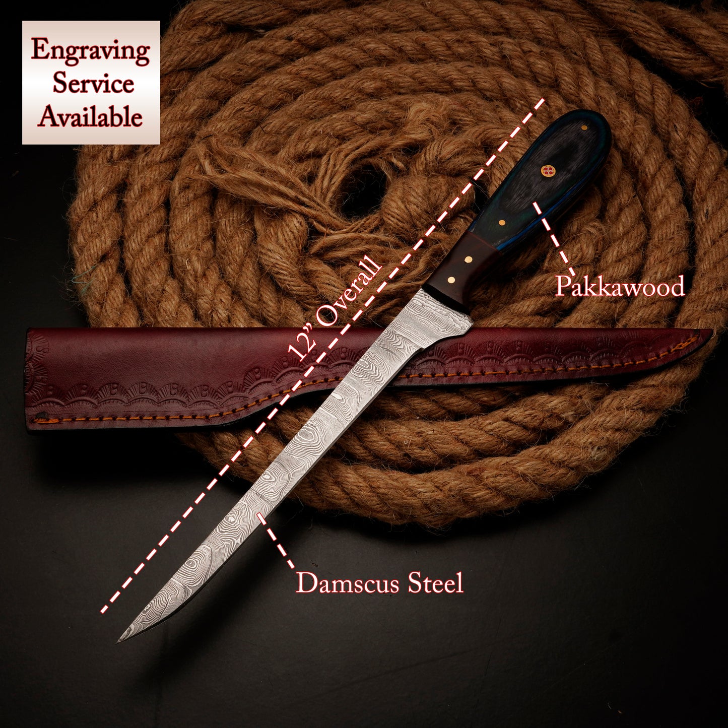 FISHING/FILLET KNIFE Handmade Damascus Steel Flexible Blade Knife Personalized Anniversary Gift Christmas Gift for Boyfriend Fixed Blade