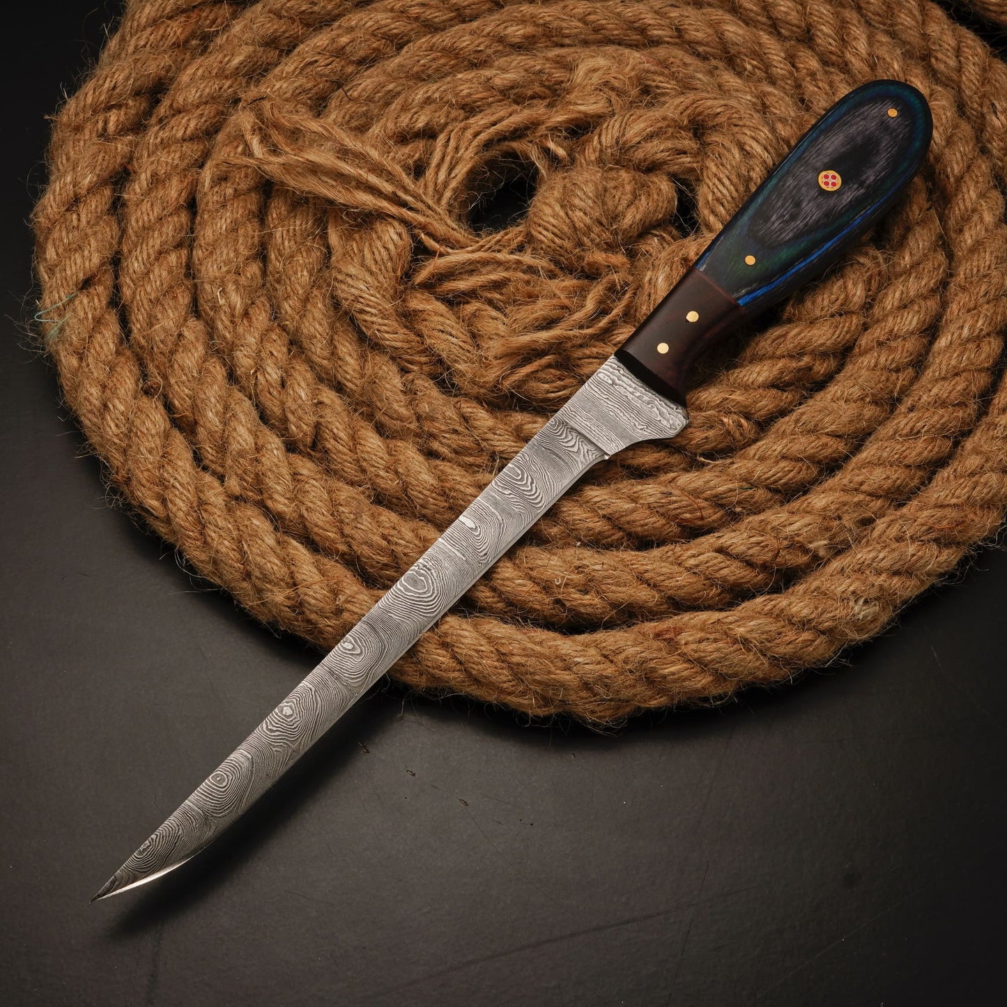 Handmade Damascus Steel Fillet Knife – 12" with Pakka Wood Handle & Leather Sheath -22