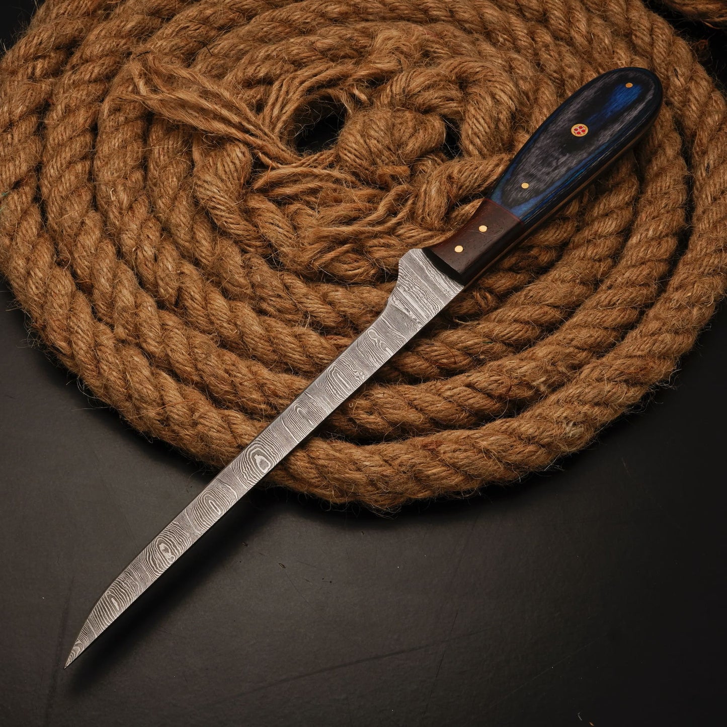 Handmade Damascus Steel Fillet Knife – 12" with Pakka Wood Handle & Leather Sheath -22