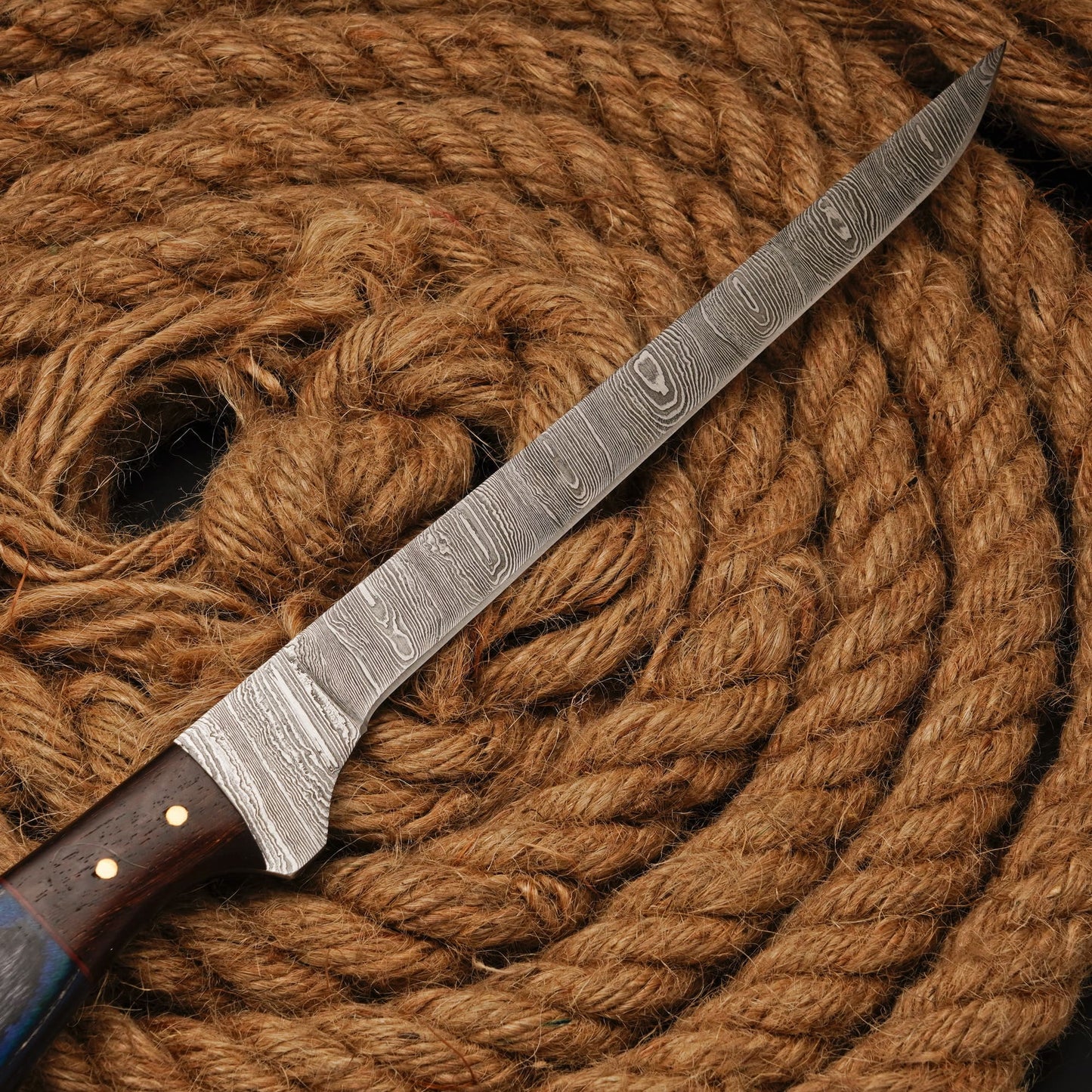 Handmade Damascus Steel Fillet Knife – 12" with Pakka Wood Handle & Leather Sheath -22
