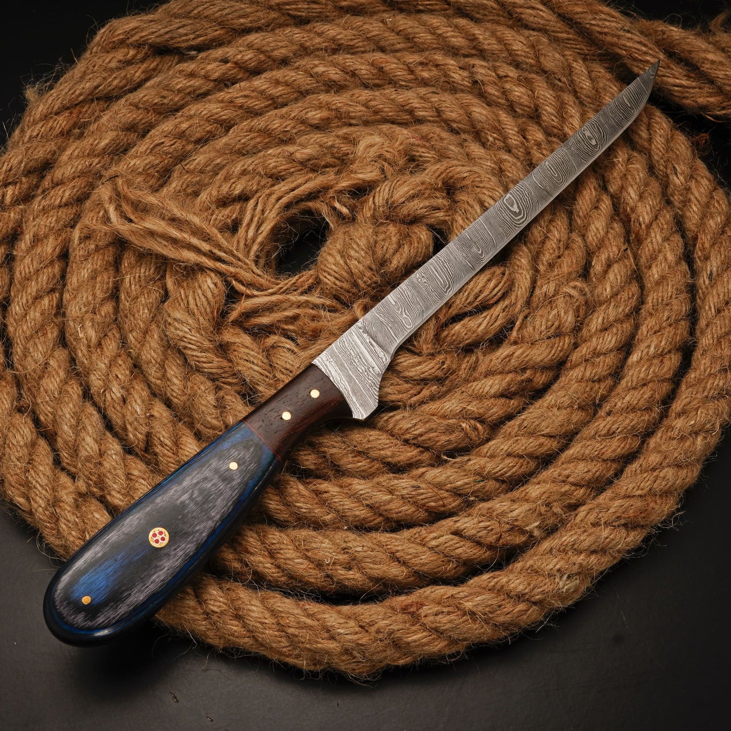 Handmade Damascus Steel Fillet Knife – 12" with Pakka Wood Handle & Leather Sheath -22
