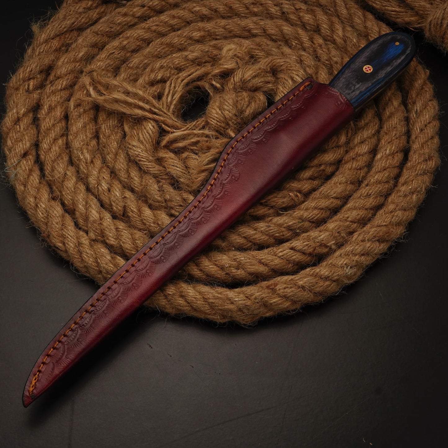 Handmade Damascus Steel Fillet Knife – 12" with Pakka Wood Handle & Leather Sheath -22
