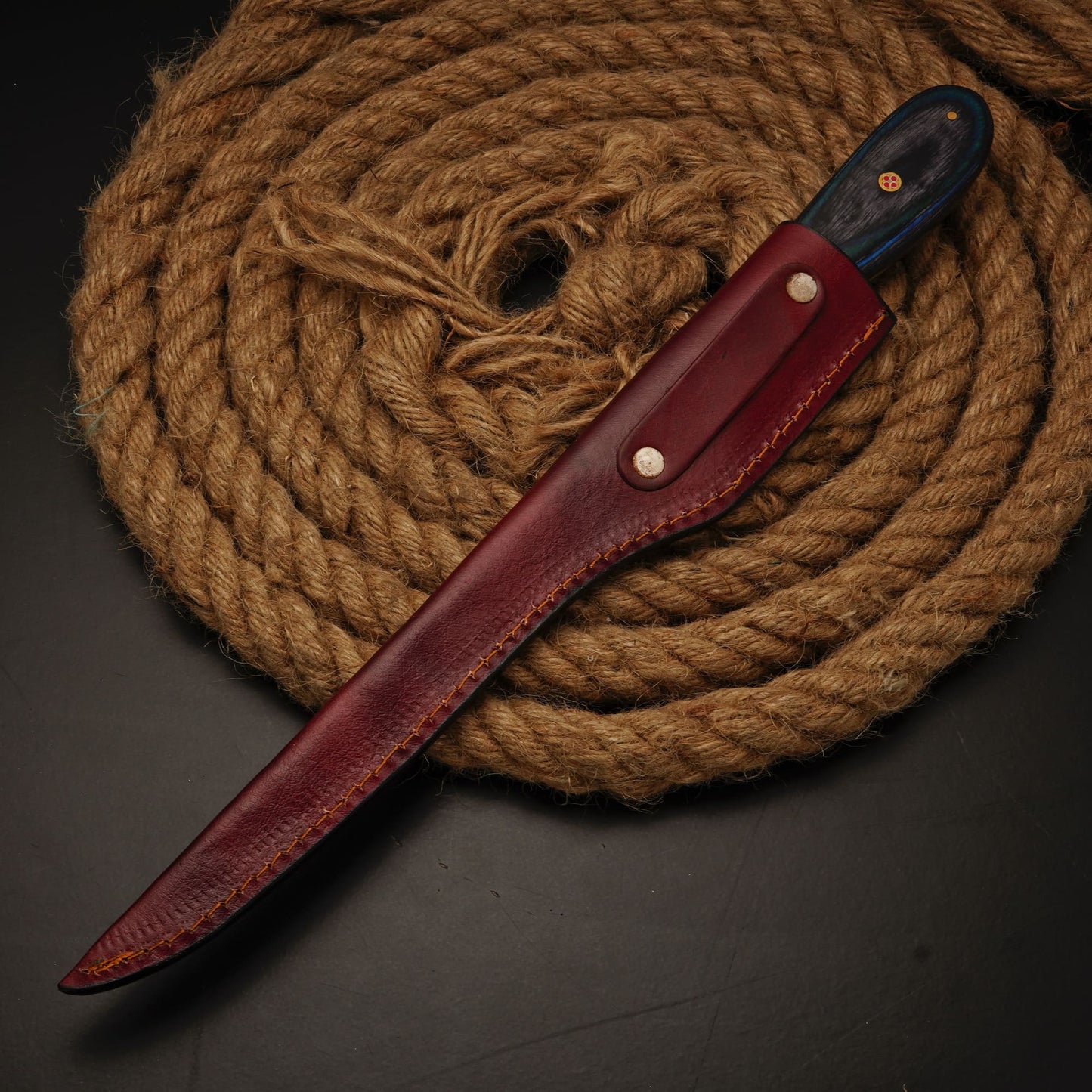 Handmade Damascus Steel Fillet Knife – 12" with Pakka Wood Handle & Leather Sheath -22