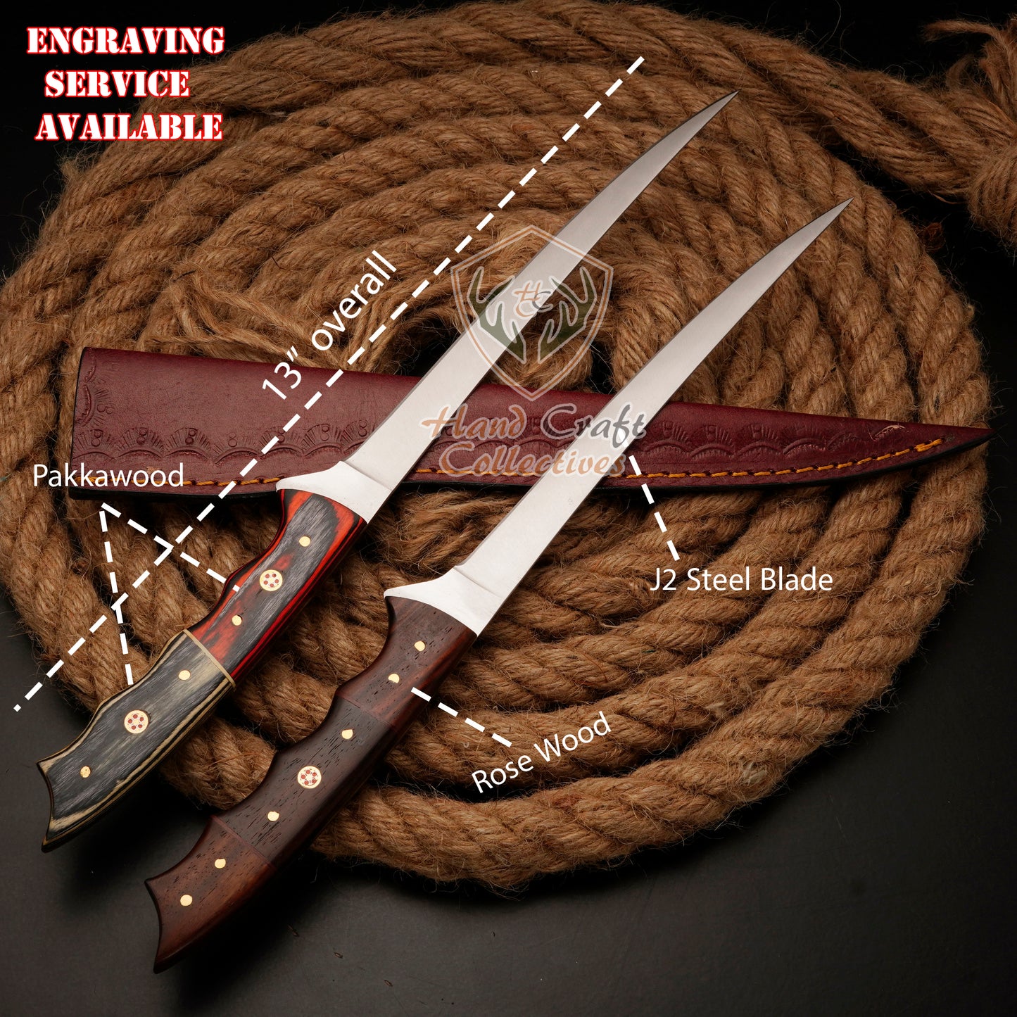 Handmade Stainless Steel Fillet Knife – 12"&13" with Pakka Wood And Rose Wood Handle & Leather Sheath -F-11+F-12