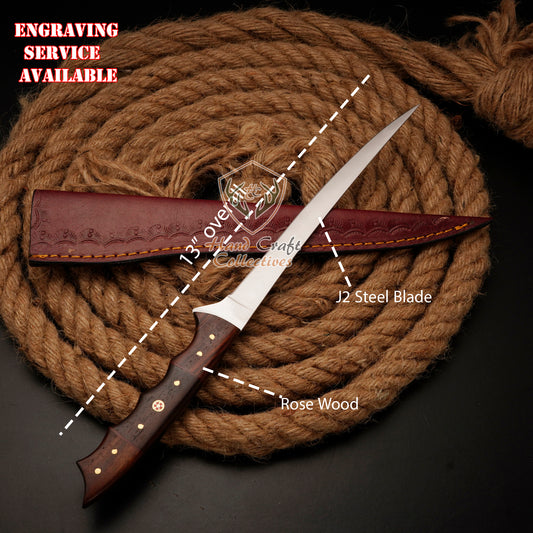 Handmade Stainless Steel Fillet Knife – 13" with Rose Wood Handle & Leather Sheath -F-12