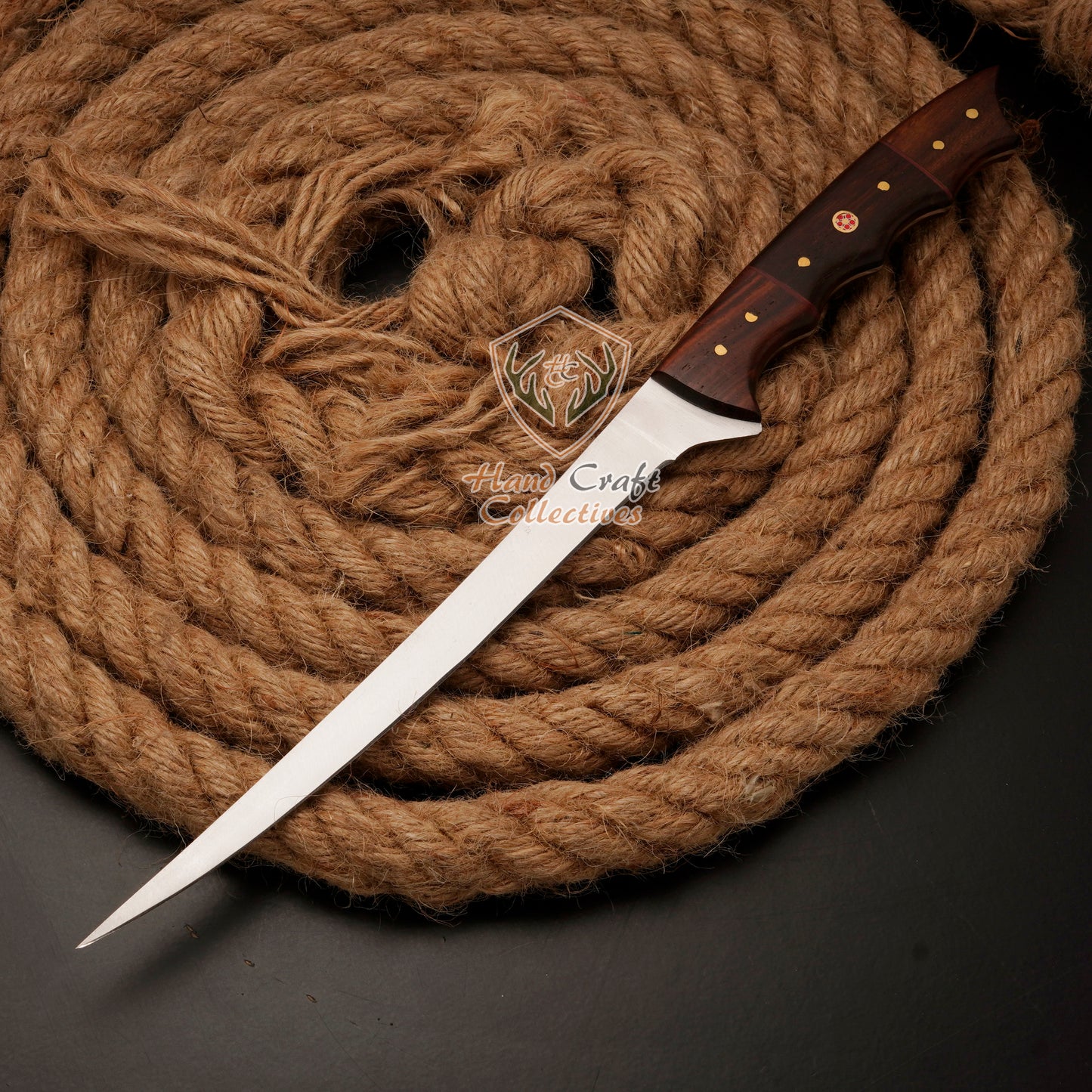 Handmade Stainless Steel Fillet Knife – 13" with Rose Wood Handle & Leather Sheath -F-12