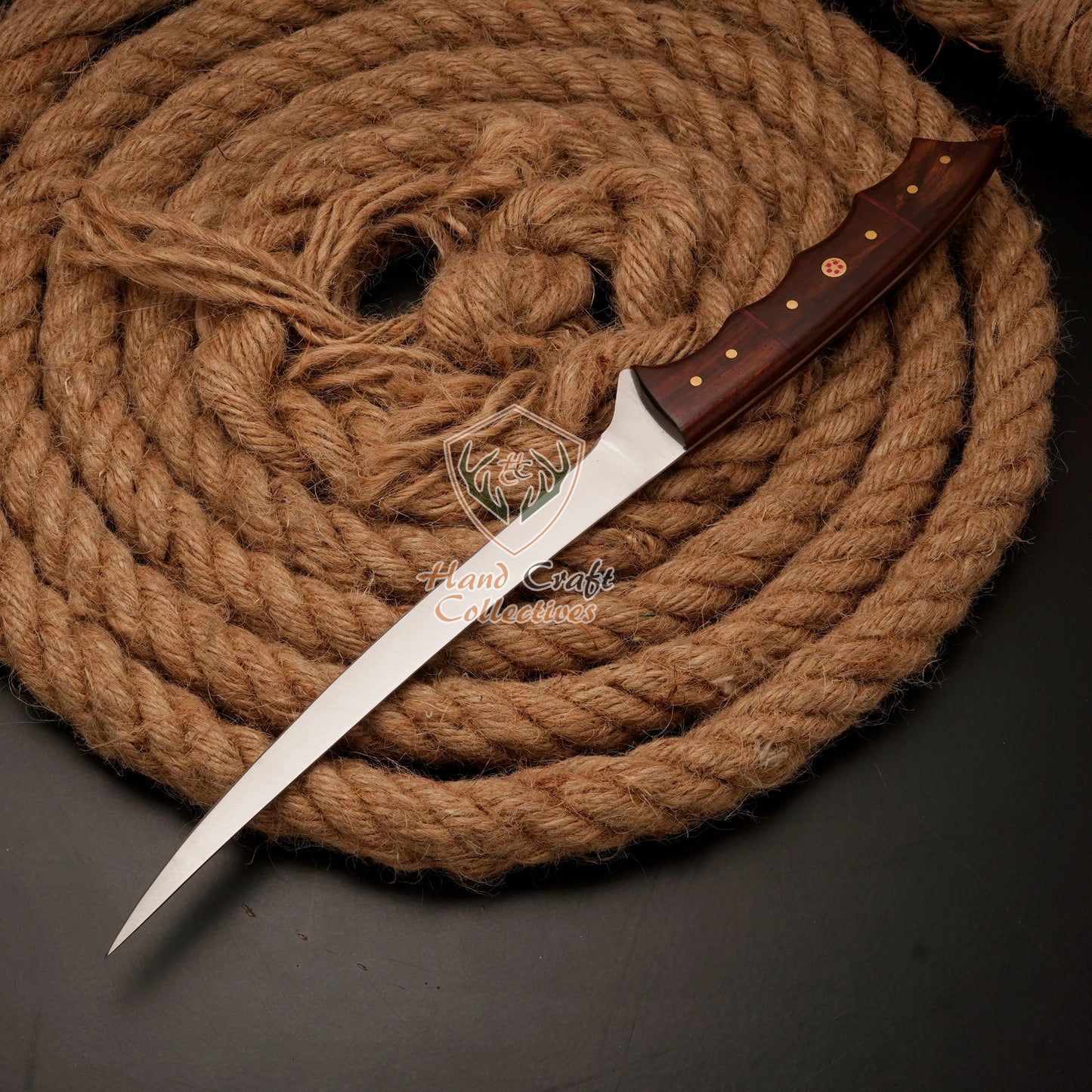 Handmade Stainless Steel Fillet Knife – 13" with Rose Wood Handle & Leather Sheath -F-12