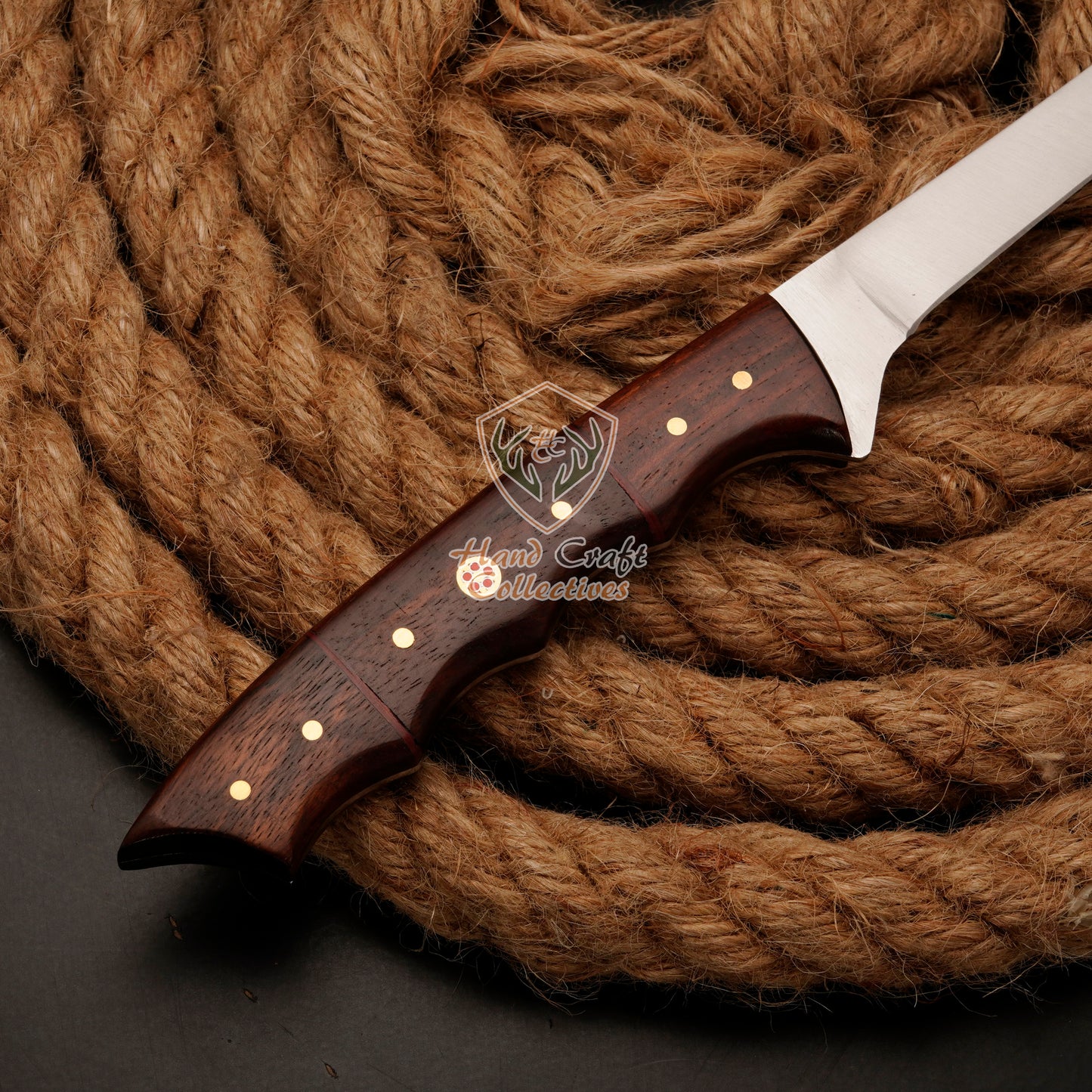 Handmade Stainless Steel Fillet Knife – 13" with Rose Wood Handle & Leather Sheath -F-12