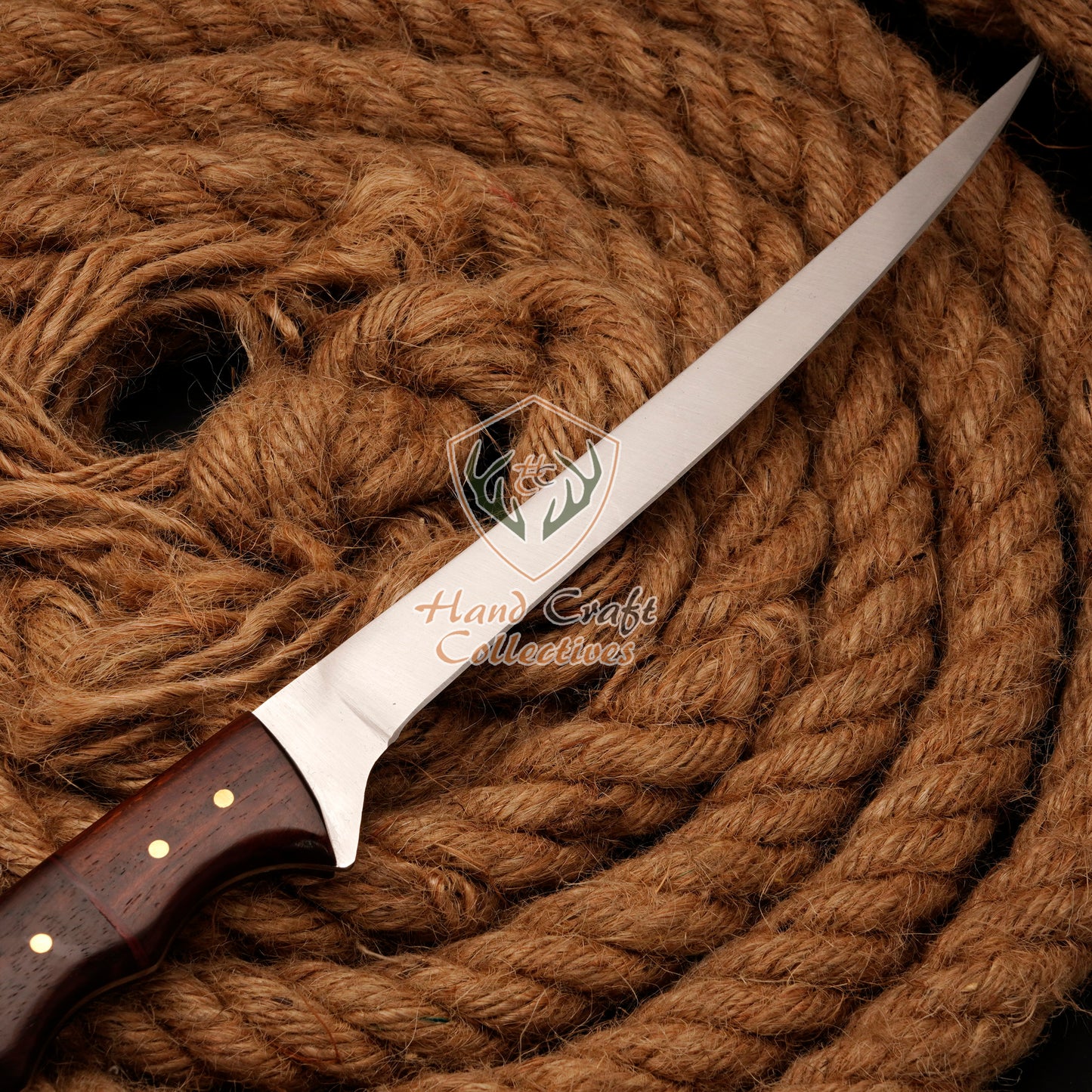 Handmade Stainless Steel Fillet Knife – 13" with Rose Wood Handle & Leather Sheath -F-12