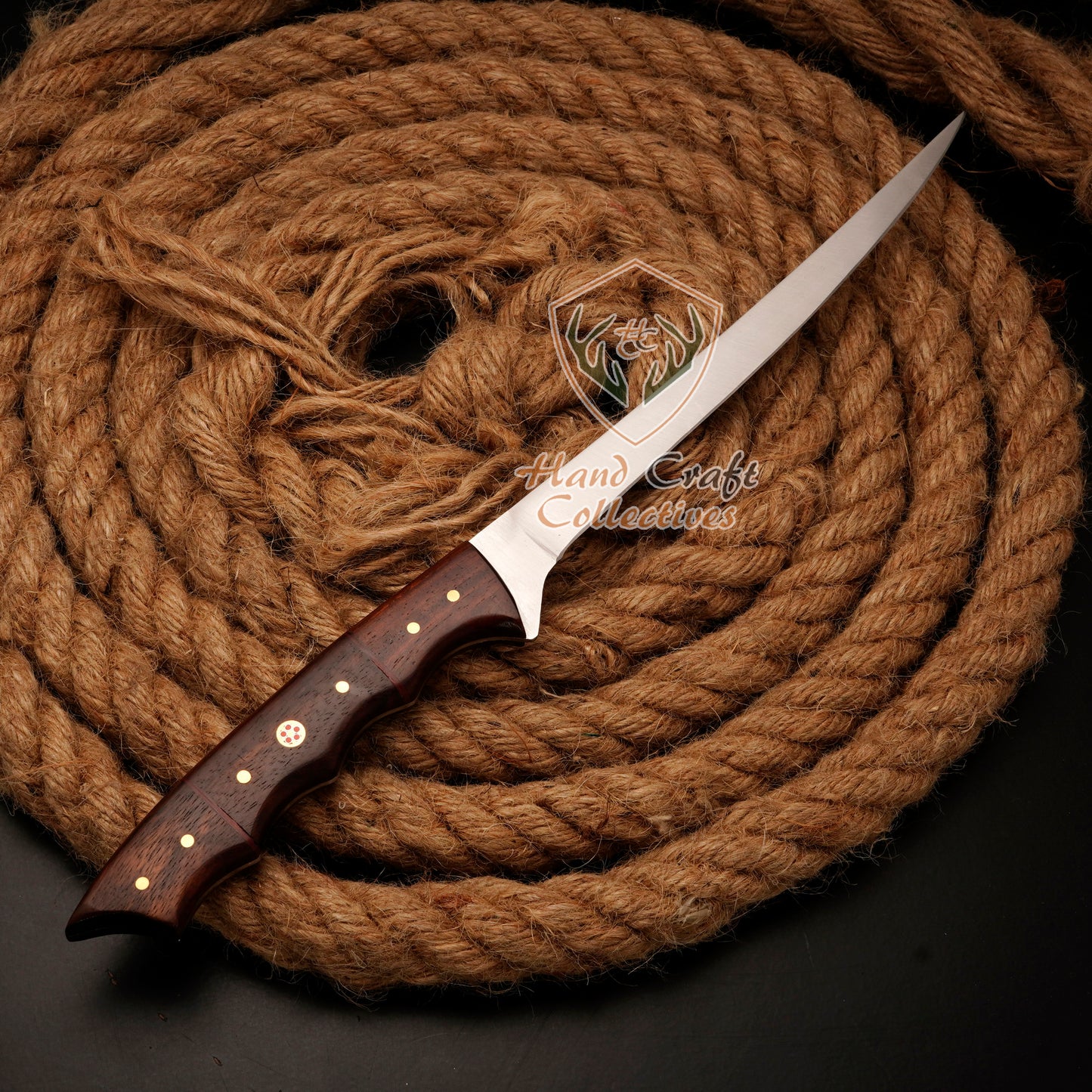 Handmade Stainless Steel Fillet Knife – 13" with Rose Wood Handle & Leather Sheath -F-12