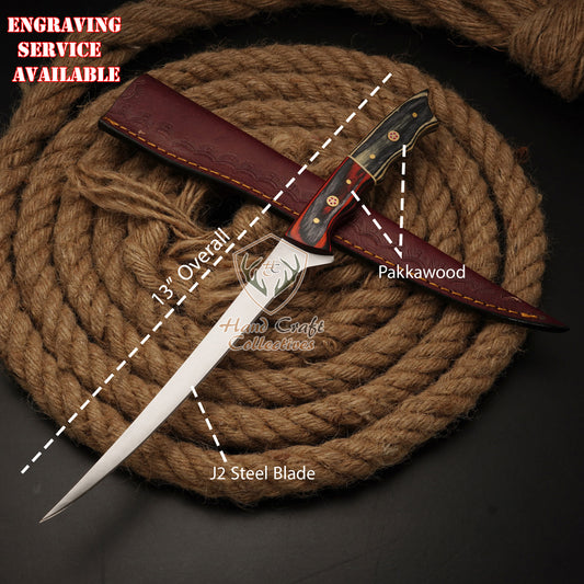 Handmade J2 Stainless Steel Fillet Knife – 13" with Pakka Wood Handle & Leather Sheath -F-11