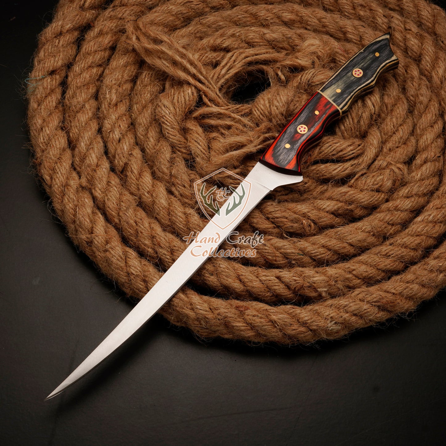 Handmade J2 Stainless Steel Fillet Knife – 13" with Pakka Wood Handle & Leather Sheath -F-11