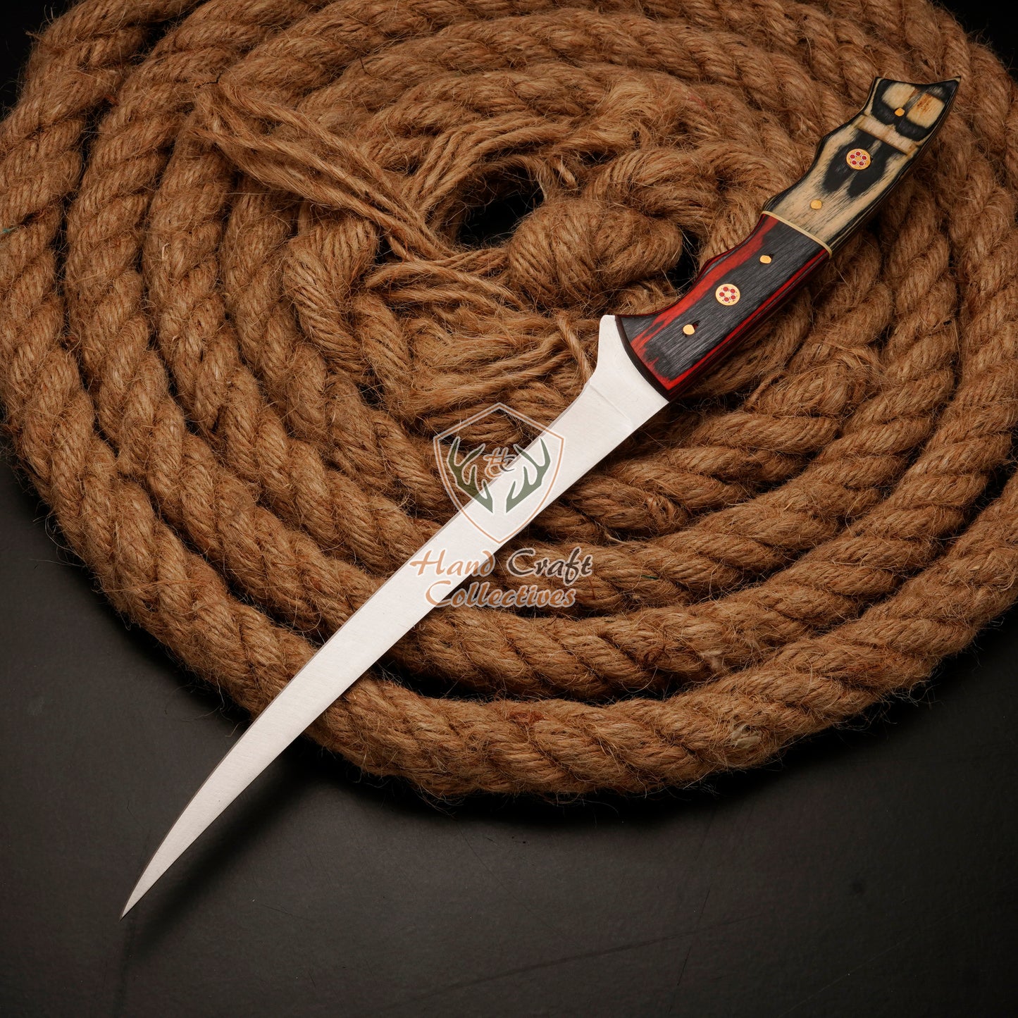 Handmade J2 Stainless Steel Fillet Knife – 13" with Pakka Wood Handle & Leather Sheath -F-11
