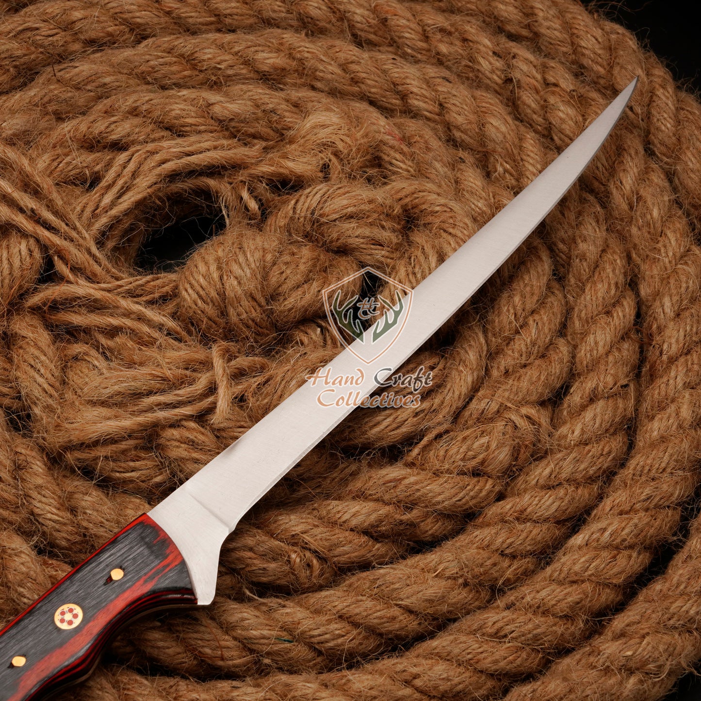Handmade J2 Stainless Steel Fillet Knife – 13" with Pakka Wood Handle & Leather Sheath -F-11