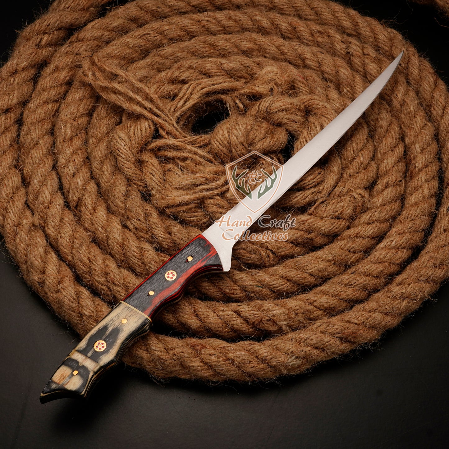 Handmade J2 Stainless Steel Fillet Knife – 13" with Pakka Wood Handle & Leather Sheath -F-11