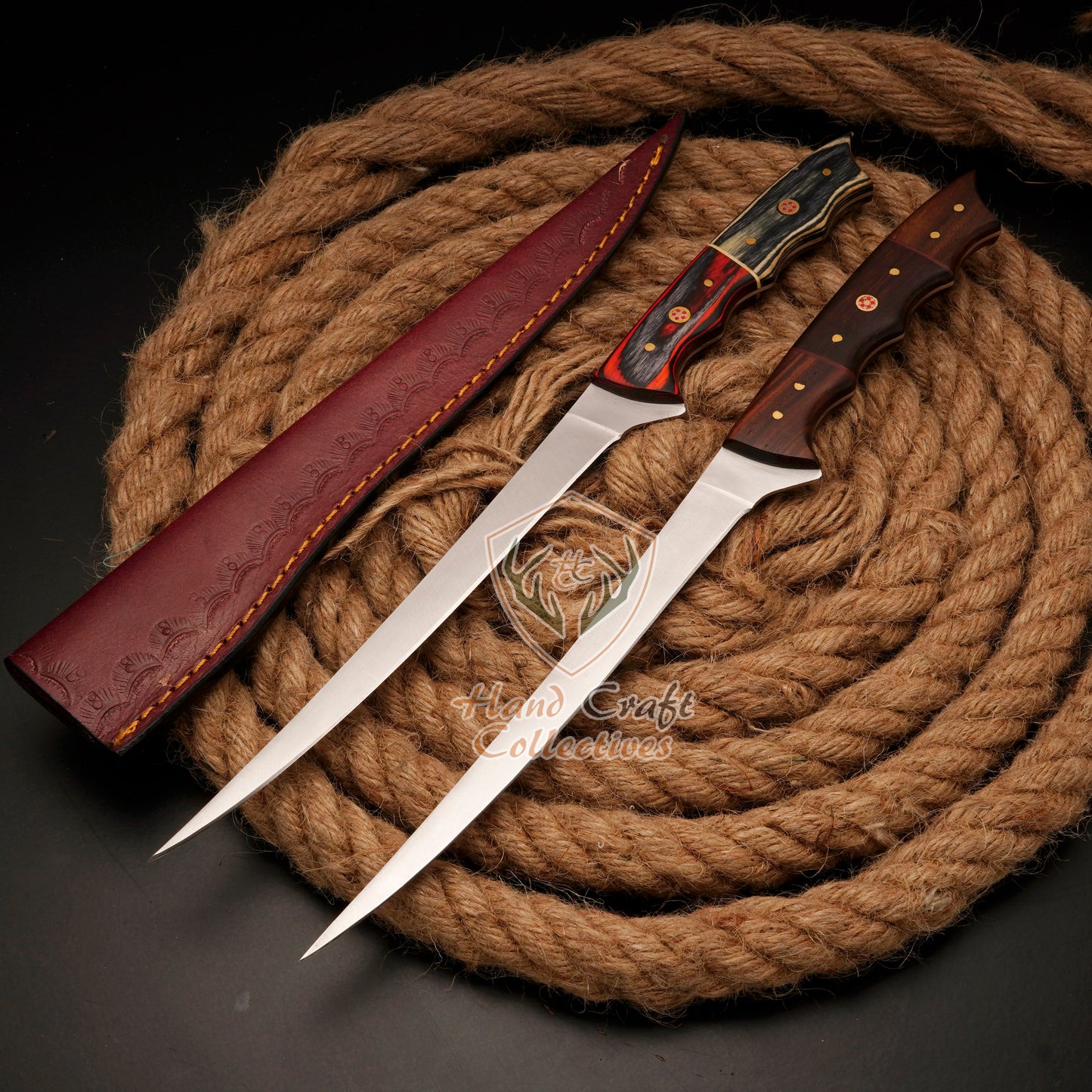 Handmade Stainless Steel Fillet Knife – 12"&13" with Pakka Wood And Rose Wood Handle & Leather Sheath -F-11+F-12